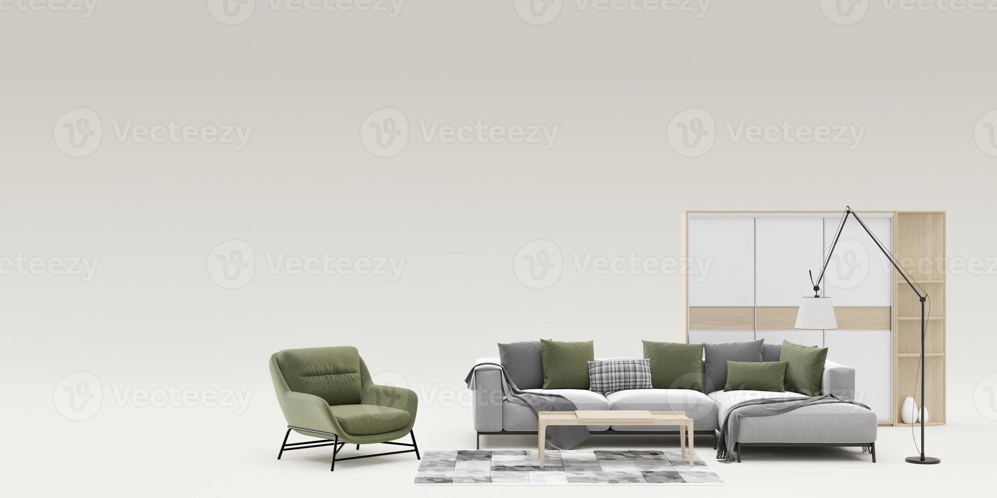 Banner with modern furniture and copy space for your advertisement text or logo. Furniture store, interior details. Furnishings sale or interior project concept. Template with free space. 3d rendering photo