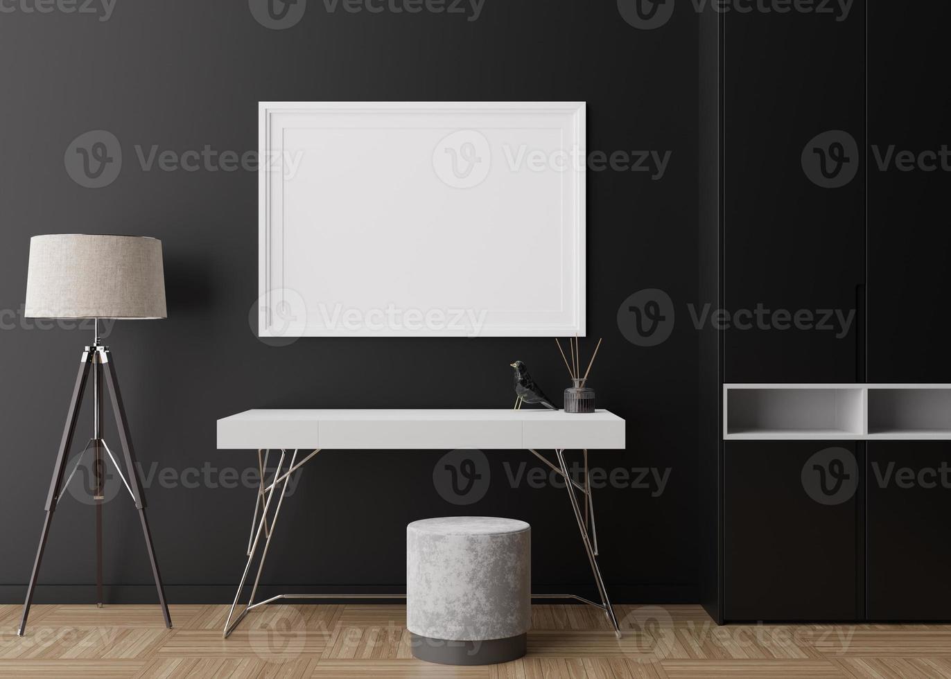 Empty picture frame on black wall in modern room. Mock up interior in contemporary style. Free space, copy space for your picture, poster. Table, lamp, parquet floor. 3D rendering. photo