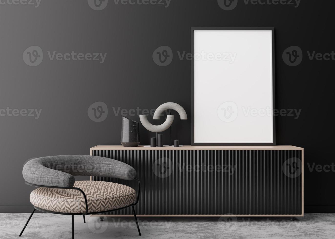 Empty vertical picture frame on black wall in modern living room. Mock up interior in contemporary style. Free space for picture, poster. Console, armchair. 3D rendering. photo