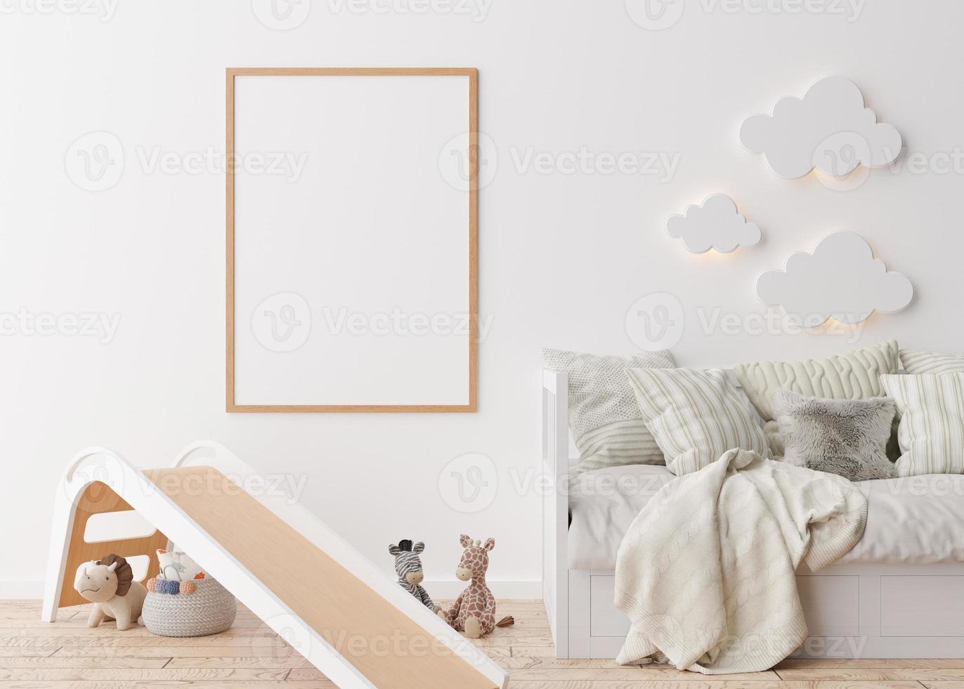 Empty vertical picture frame on white wall in modern child room. Mock up interior in scandinavian style. Free, copy space for your picture. Bed, slide, toys. Cozy room for kids. 3D rendering. photo
