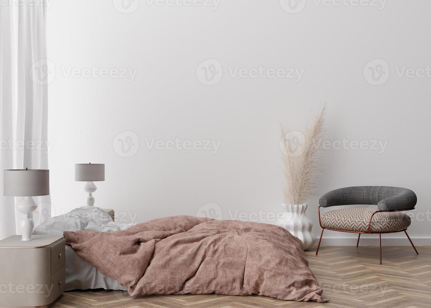 Empty white wall in modern and cozy bedroom. Mock up interior in contemporary style. Free space, copy space for your picture, text, or another design. Bed, lamps, parquet, pampas grass. 3D rendering. photo