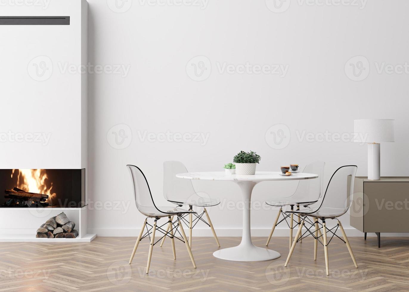 Empty white wall in modern living room. Mock up interior in contemporary style. Free space for picture, poster. Fireplace, table, chairs. 3D rendering. photo