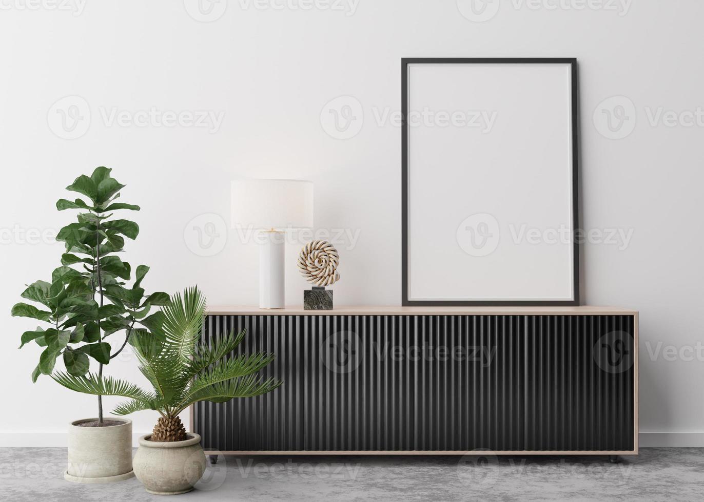 Empty vertical picture frame on white wall in modern living room. Mock up interior in contemporary style. Free space for picture, poster. Console, plants. 3D rendering. photo