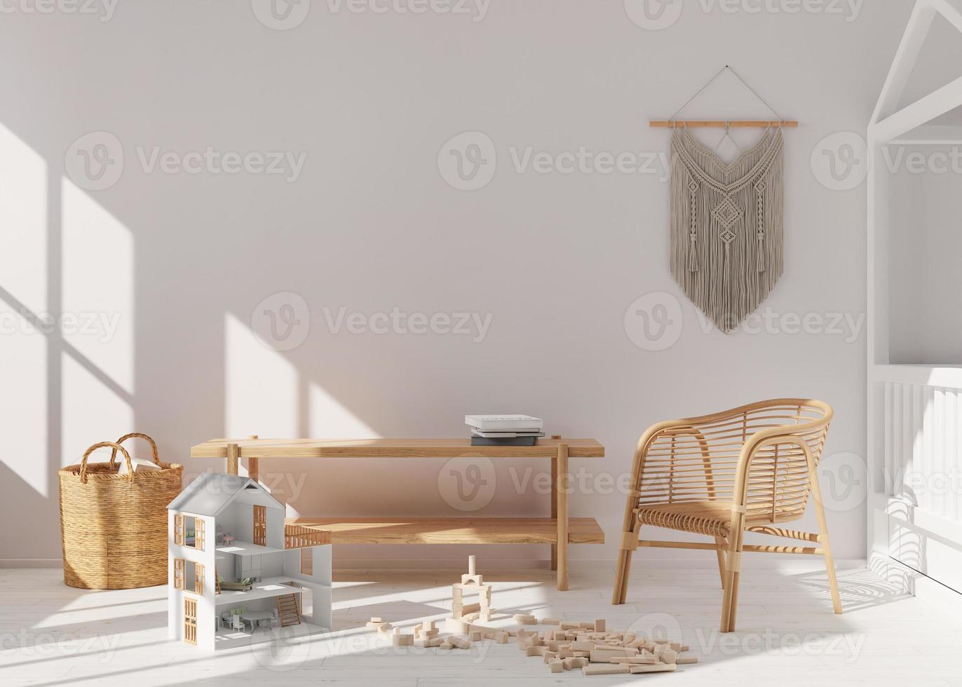 Empty white wall in modern child room. Mock up interior in scandinavian, boho style. Copy space for your picture or poster. Console, rattan armchair, toys, macrame. Cozy room for kids. 3D rendering. photo