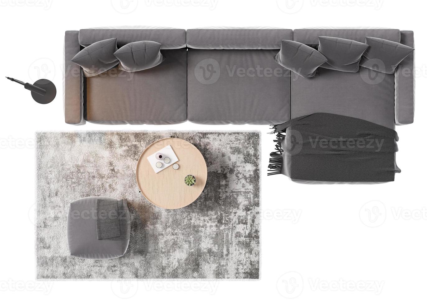 Gray sofa with carpet, coffee table, pouf and standing lamp on white background, isolated. Top view. Living room furniture. Modern interior design element. Cut out. 3D rendering. photo
