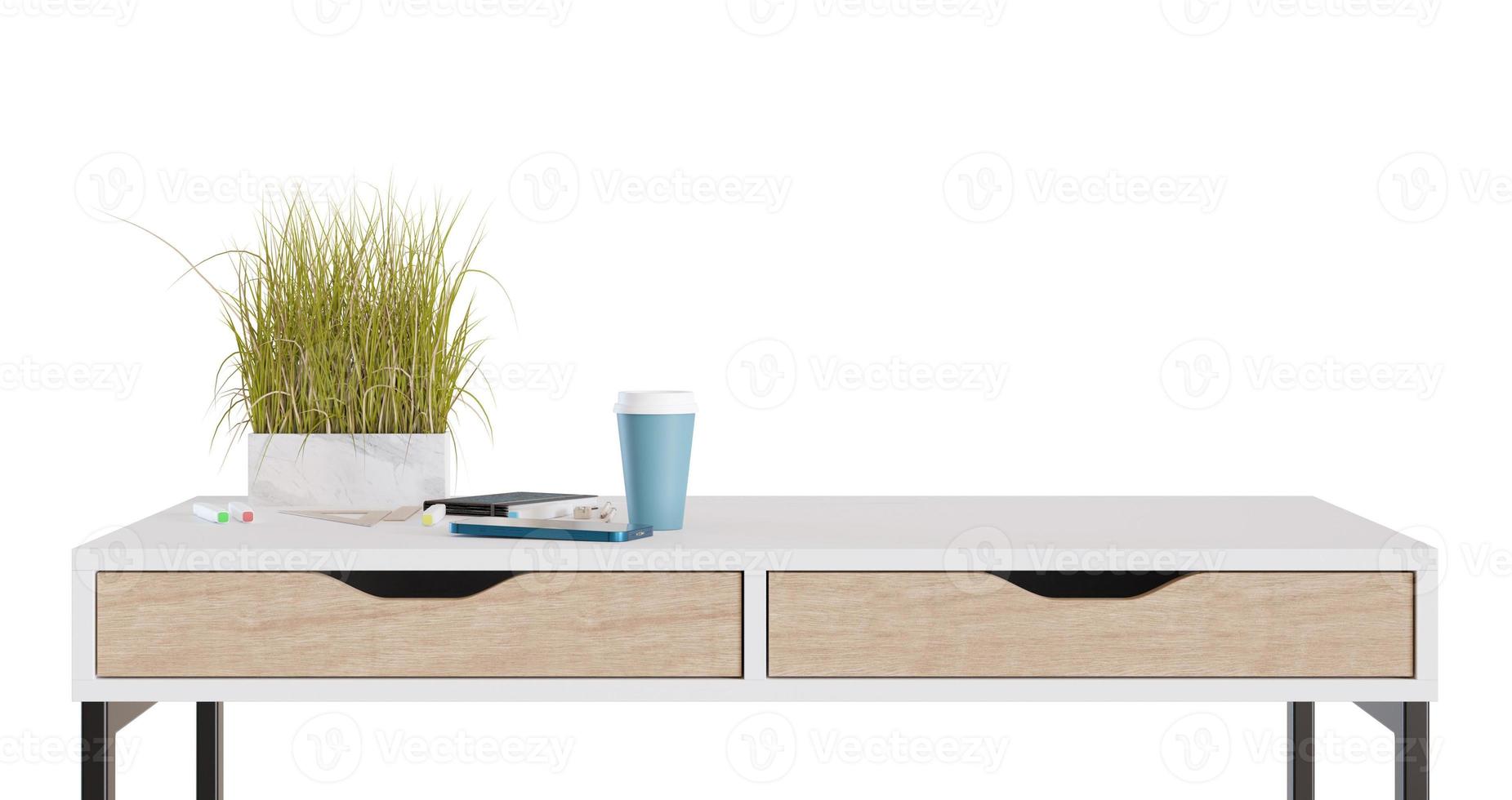 mesa de madera con accesorios para el hogar o la oficina aislados en fondo blanco. vista frontal. cortar muebles. escritorio moderno. elemento de diseño de interiores. copie el espacio para el objeto, la presentación del producto. procesamiento 3d foto