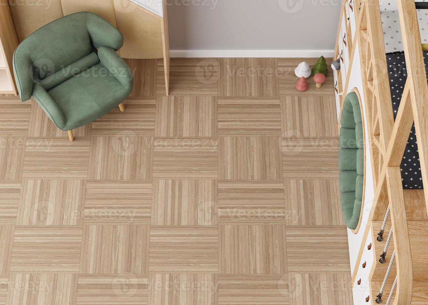 Room mock up for carpet. Children's room interior in scandinavian, contemporary style. Top view