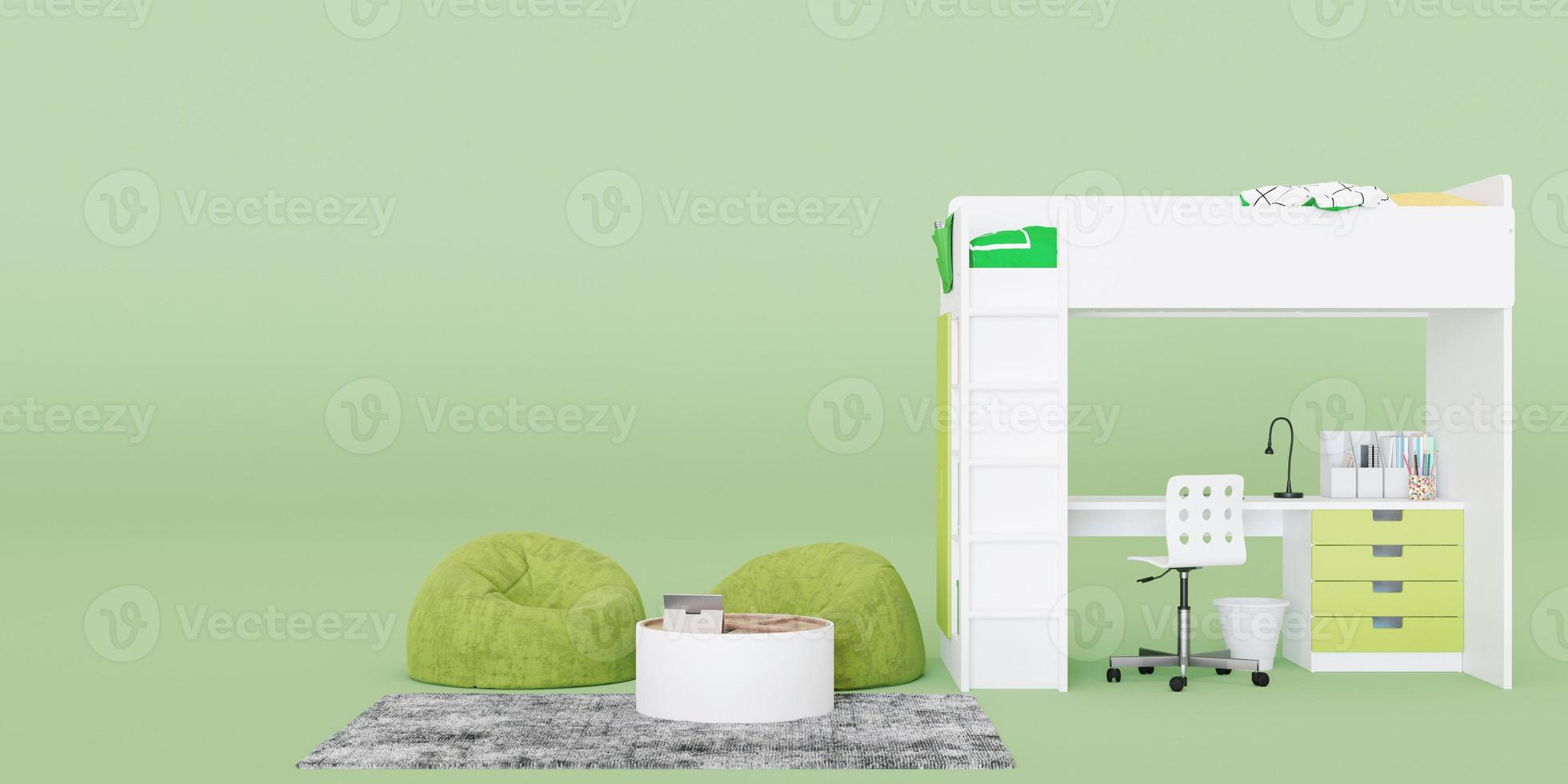 banner con muebles modernos para niños y espacio para copiar el texto o el logotipo de su anuncio. tienda de muebles para niños, detalles de interiores. venta de muebles, proyecto de interiorismo. plantilla, espacio vacío. renderizado 3d foto