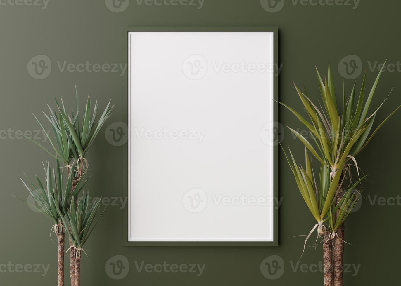 Empty vertical picture frame on green wall. Free, copy space for picture, poster. Template for your design. Plants. 3D rendering. photo