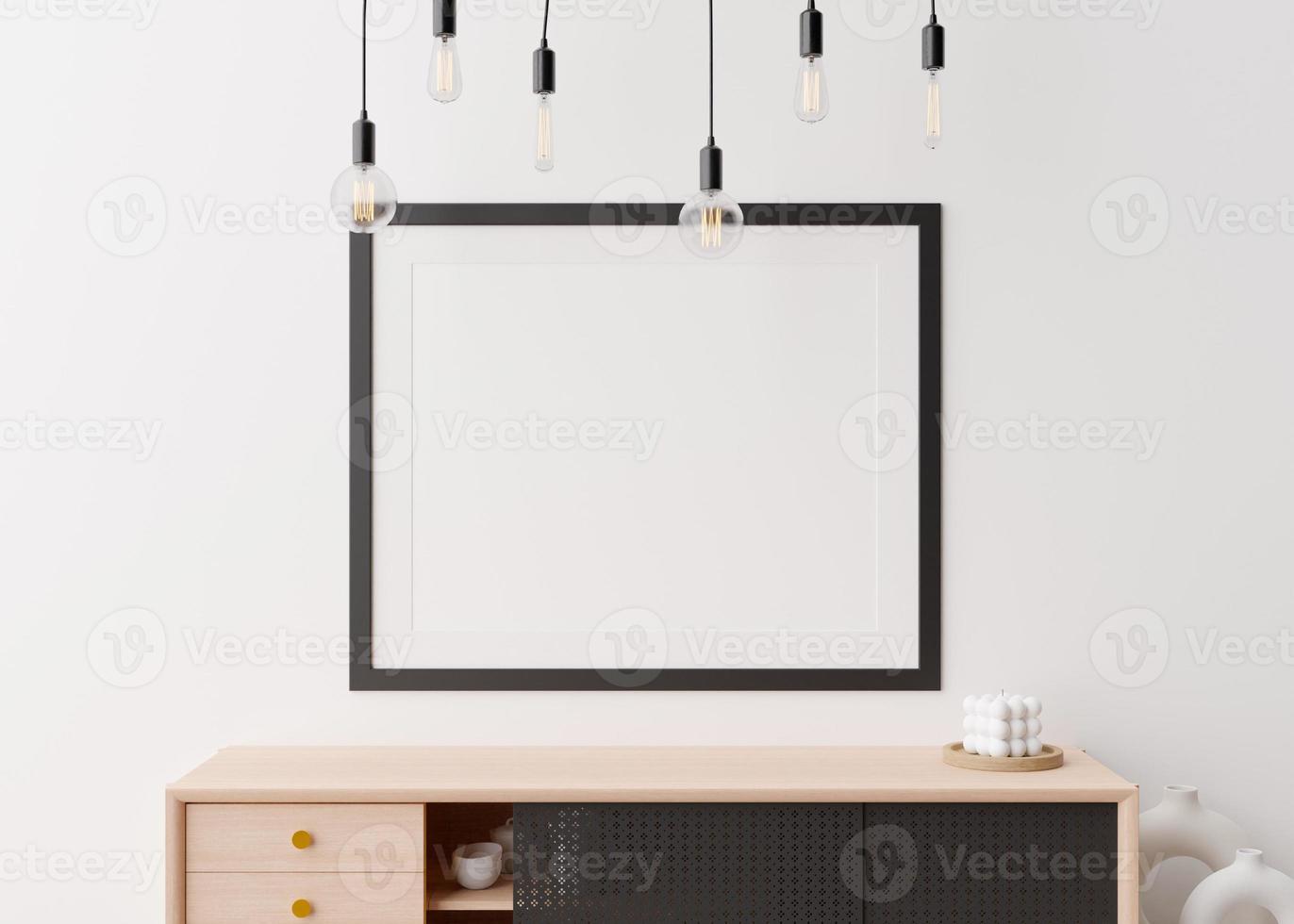 Empty picture frame on white wall in modern living room. Mock up interior in minimalist, contemporary style. Free space for your picture, poster. Console, candle, vase. 3D rendering. photo