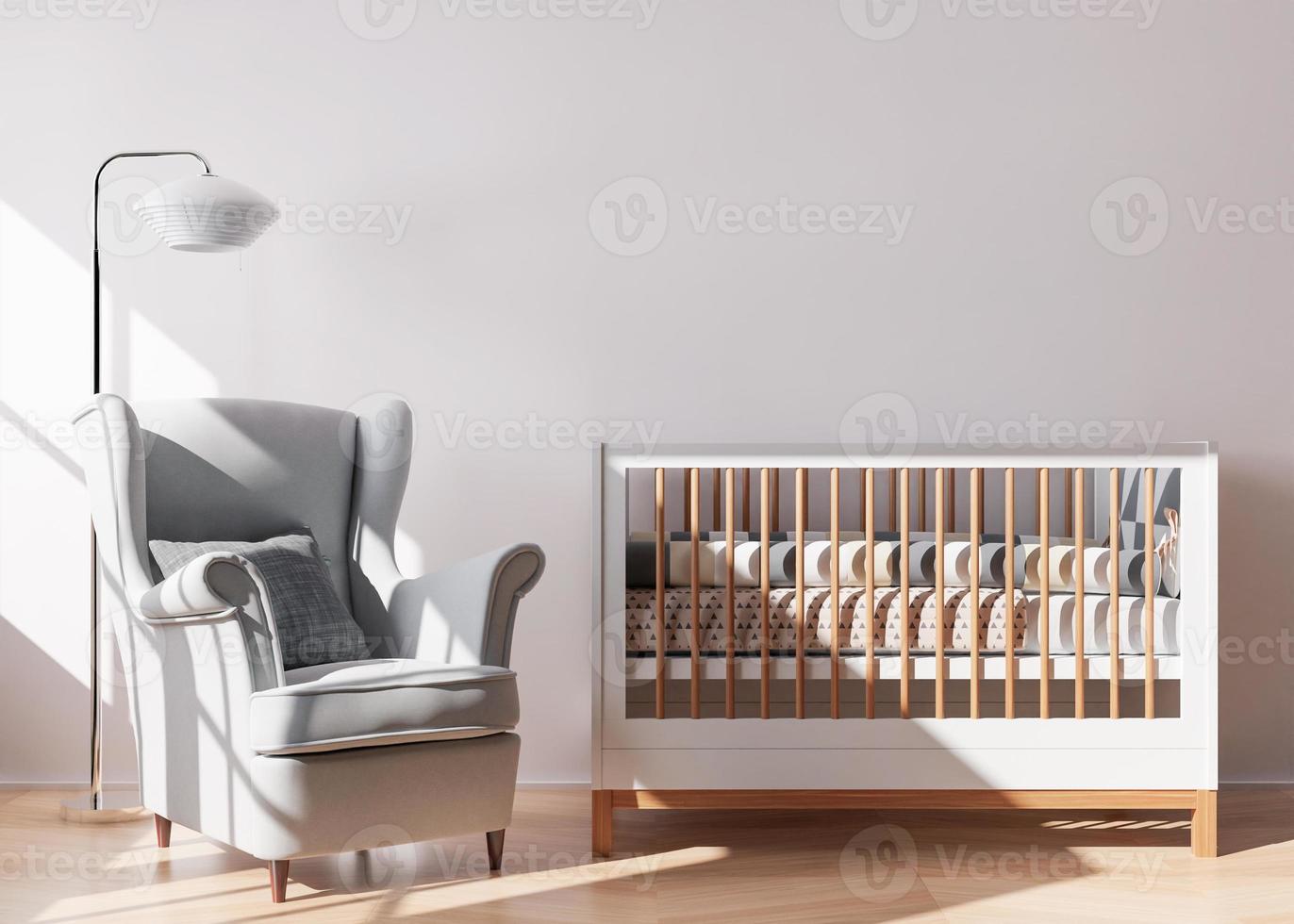 Empty white wall in modern child room. Mock up interior in contemporary style. Free space, copy space for your picture, text, or another design. Baby bed, armchair. Cozy room for kids. 3D rendering. photo