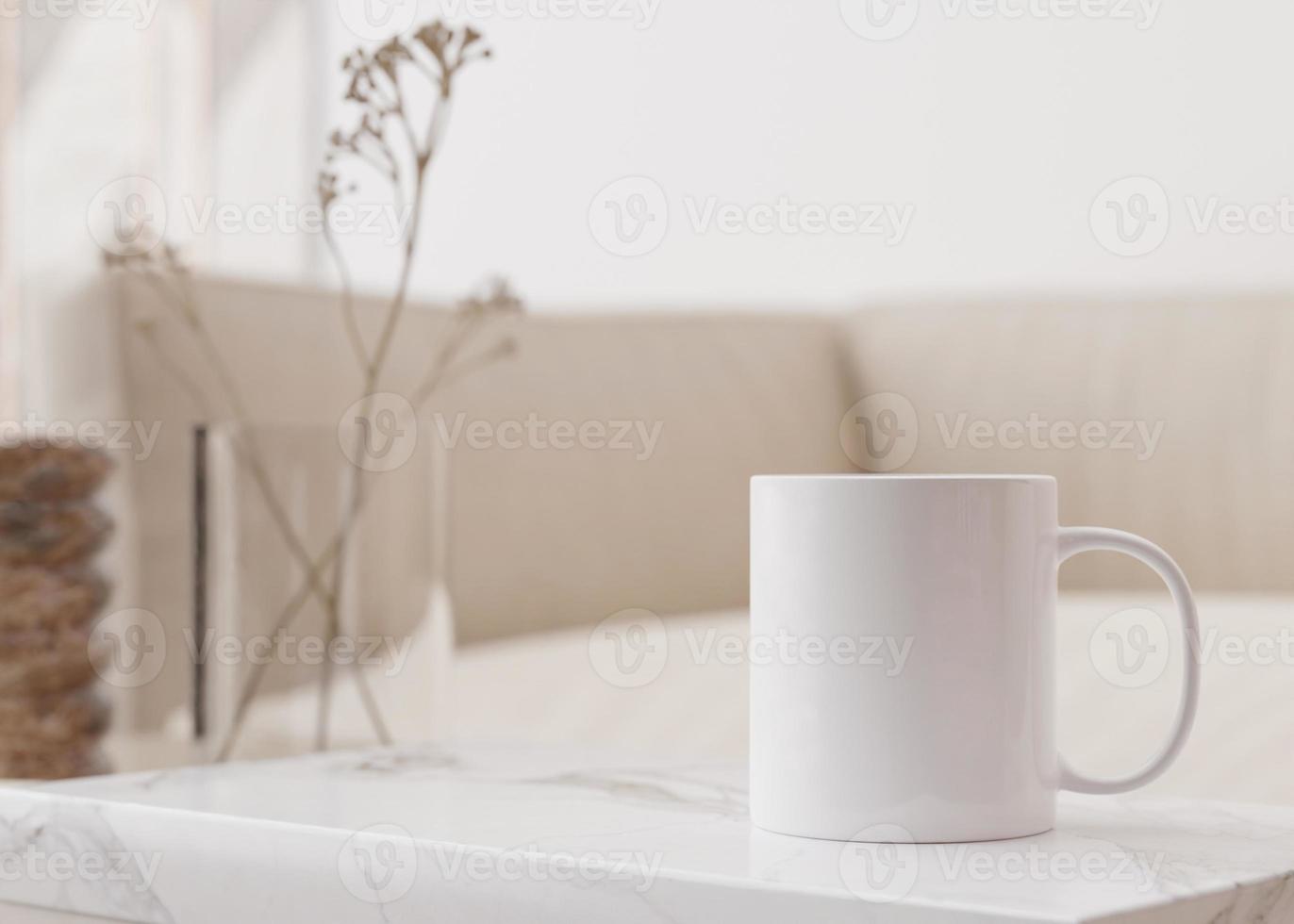 White mug mock up. Blank template for your design, advertising, logo. Close-up view. Copy space. Cup standing on coffee table in modern interior. Minimalist coffee cup mockup. 3D rendering. photo