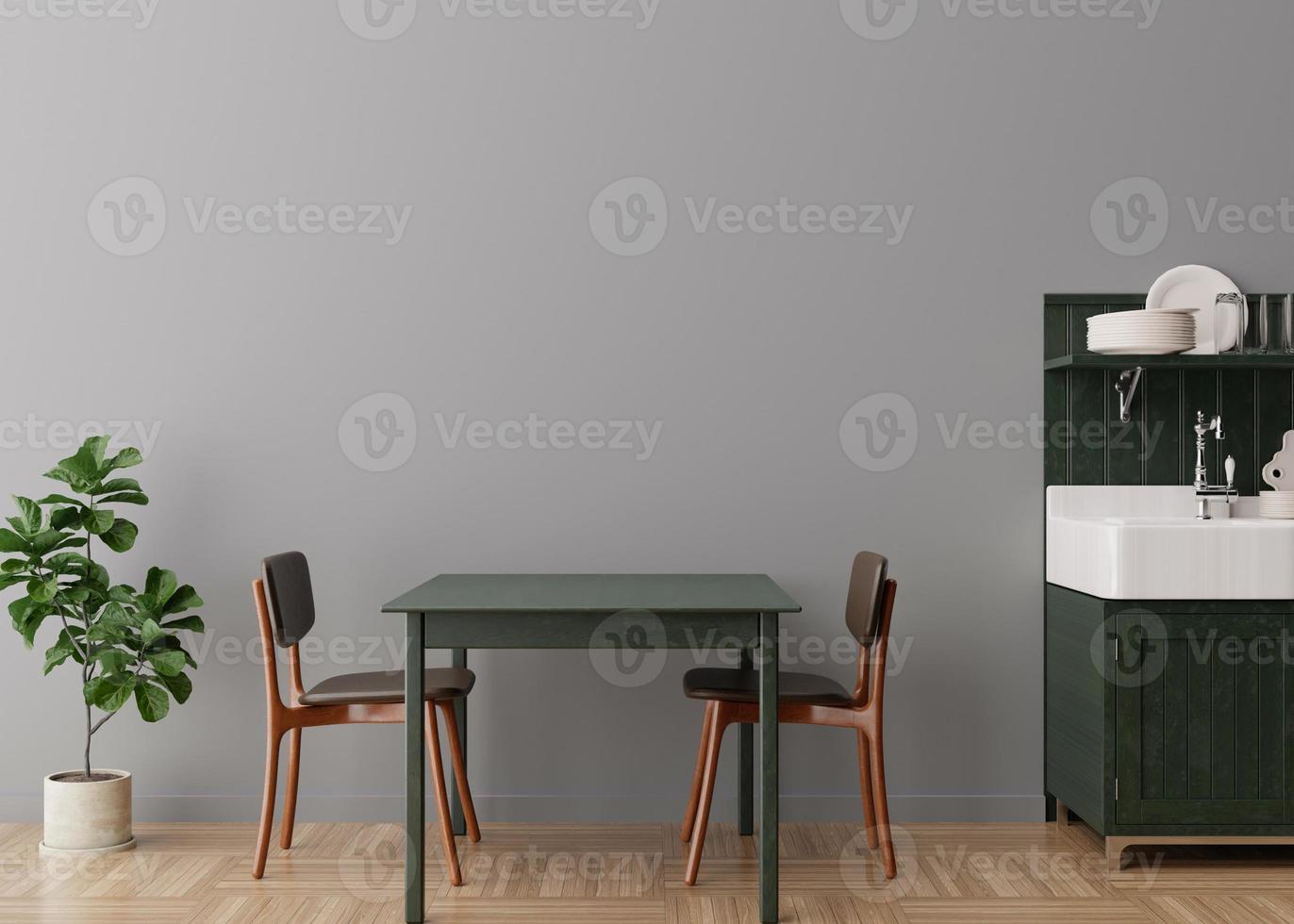 pared gris vacía en la cocina moderna. interior simulado en estilo minimalista y contemporáneo. espacio libre, copie el espacio para su imagen, texto u otro diseño. mesa, sillas, planta. representación 3d foto