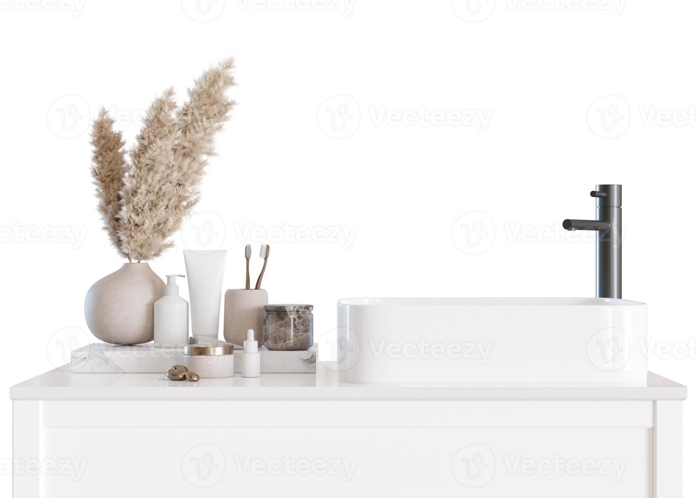 Washbasin mit faucet and cabinet isolated on white background. Front view. Cut out bathroom furniture. Modern sink. Modern interior design element. Cleanliness, washing, routine. Copy space. 3D render photo