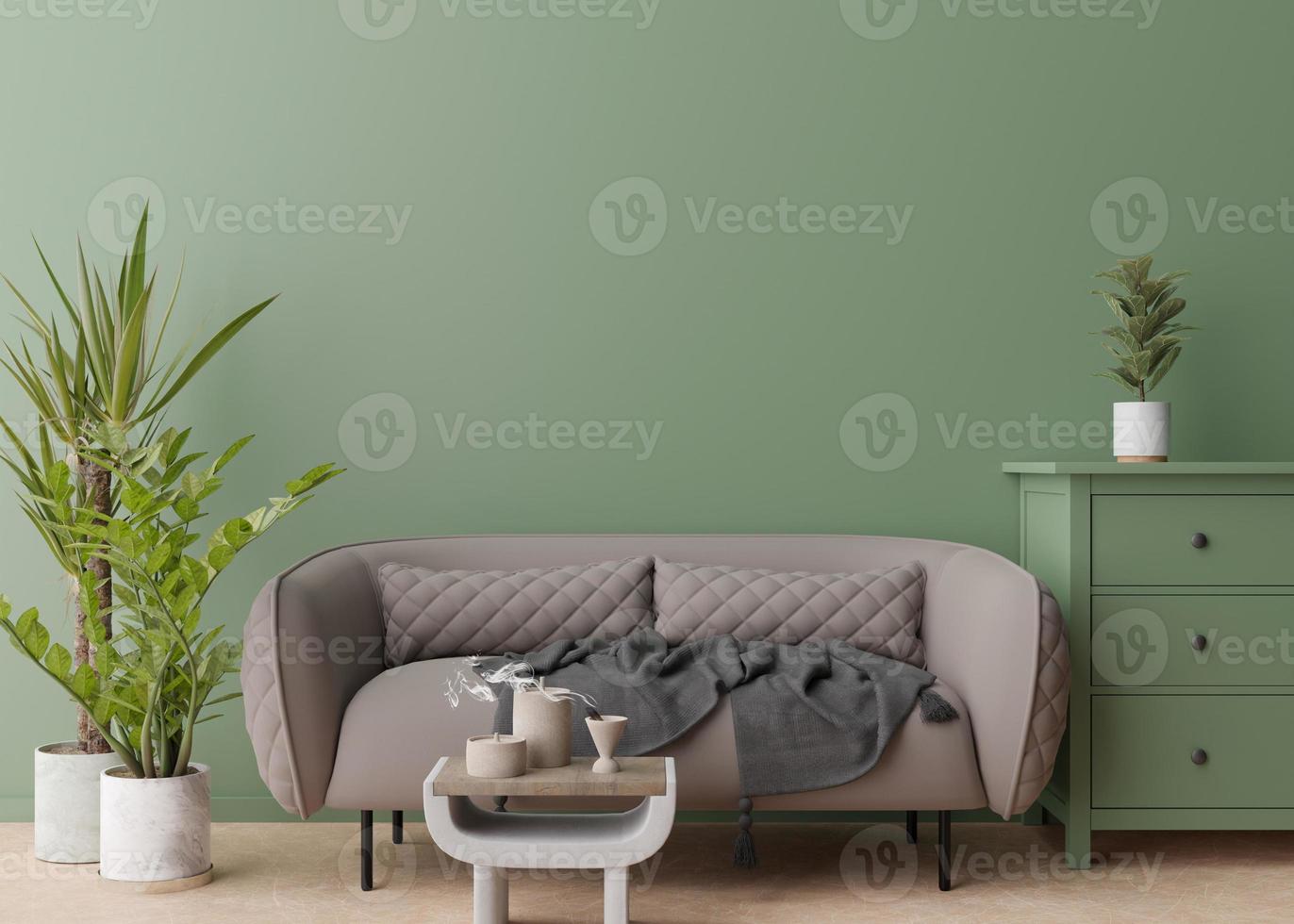 Empty green wall in modern living room. Mock up interior in contemporary, scandinavian style. Free, copy space for picture, poster, text, or another design. Sofa, plants, table. 3D rendering. photo