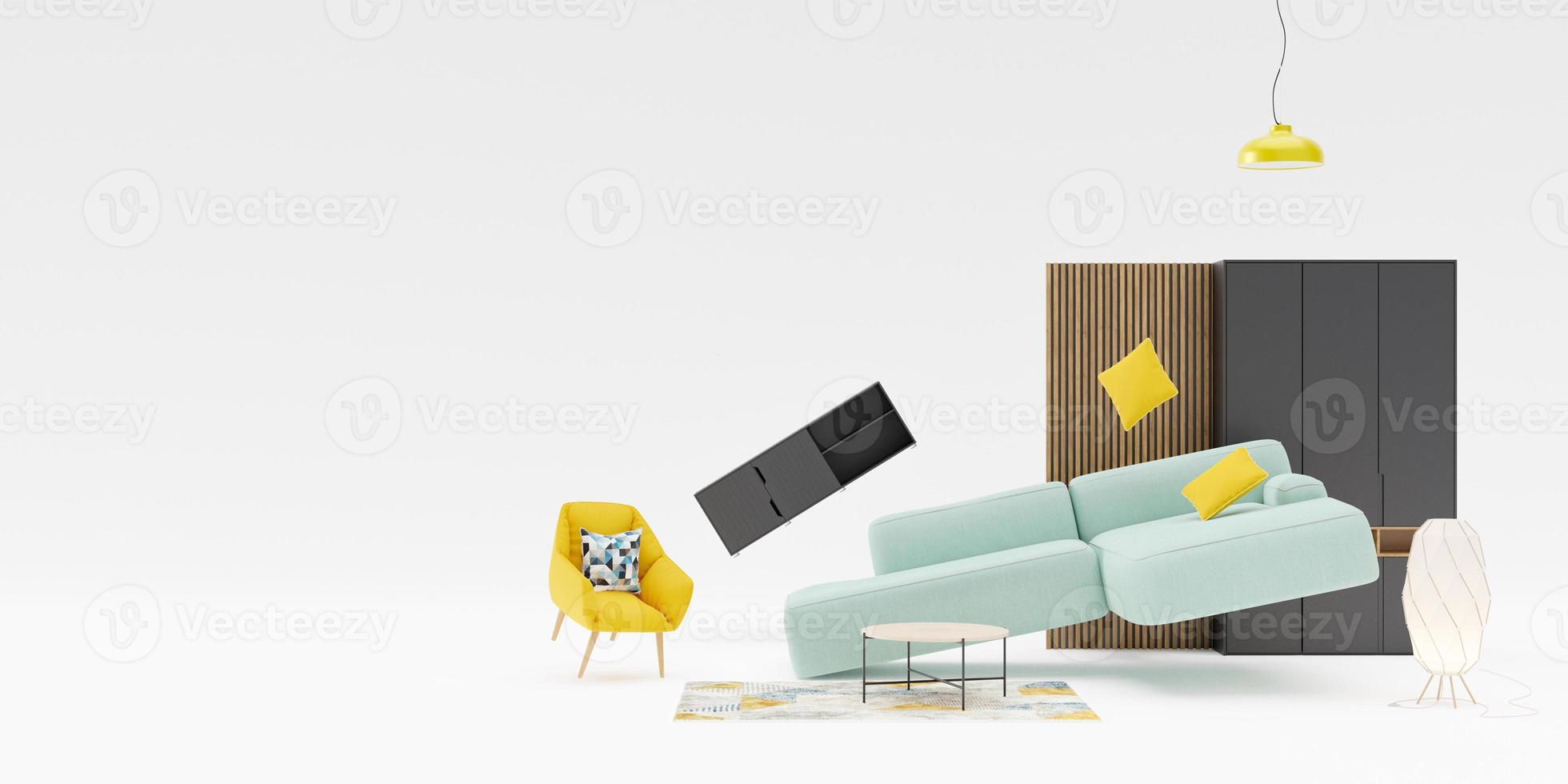 Banner with modern furniture and copy space for your advertisement text or logo. Furniture store, interior details. Furnishings sale or interior project concept. Template with free space. 3d rendering photo