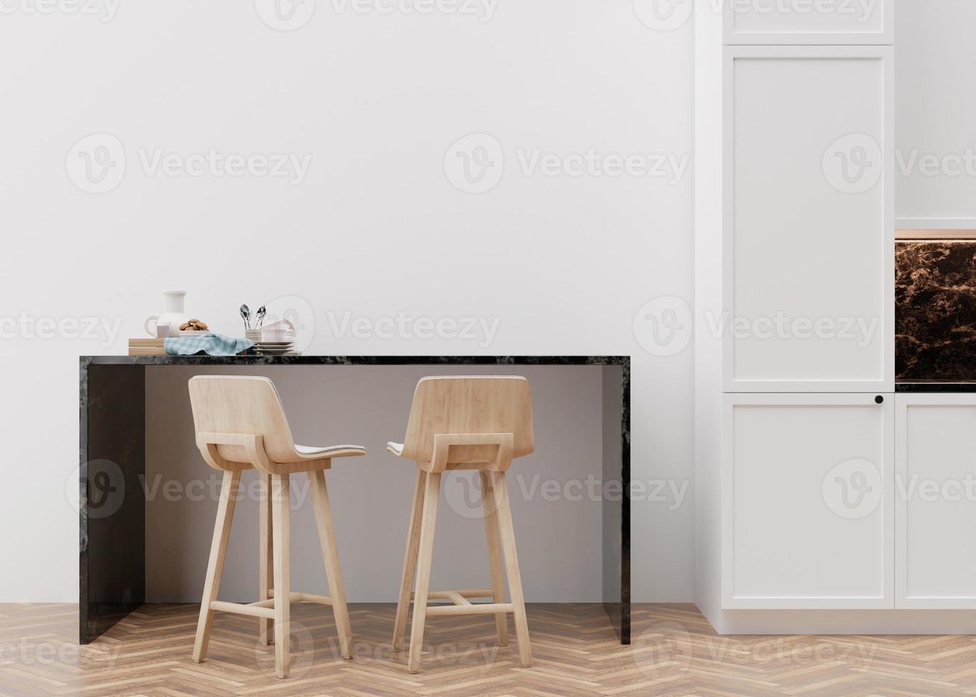 Empty white wall in modern kitchen. Mock up interior in minimalist, contemporary style. Free space, copy space for your picture, text, or another design. Table, chairs. 3D rendering. photo