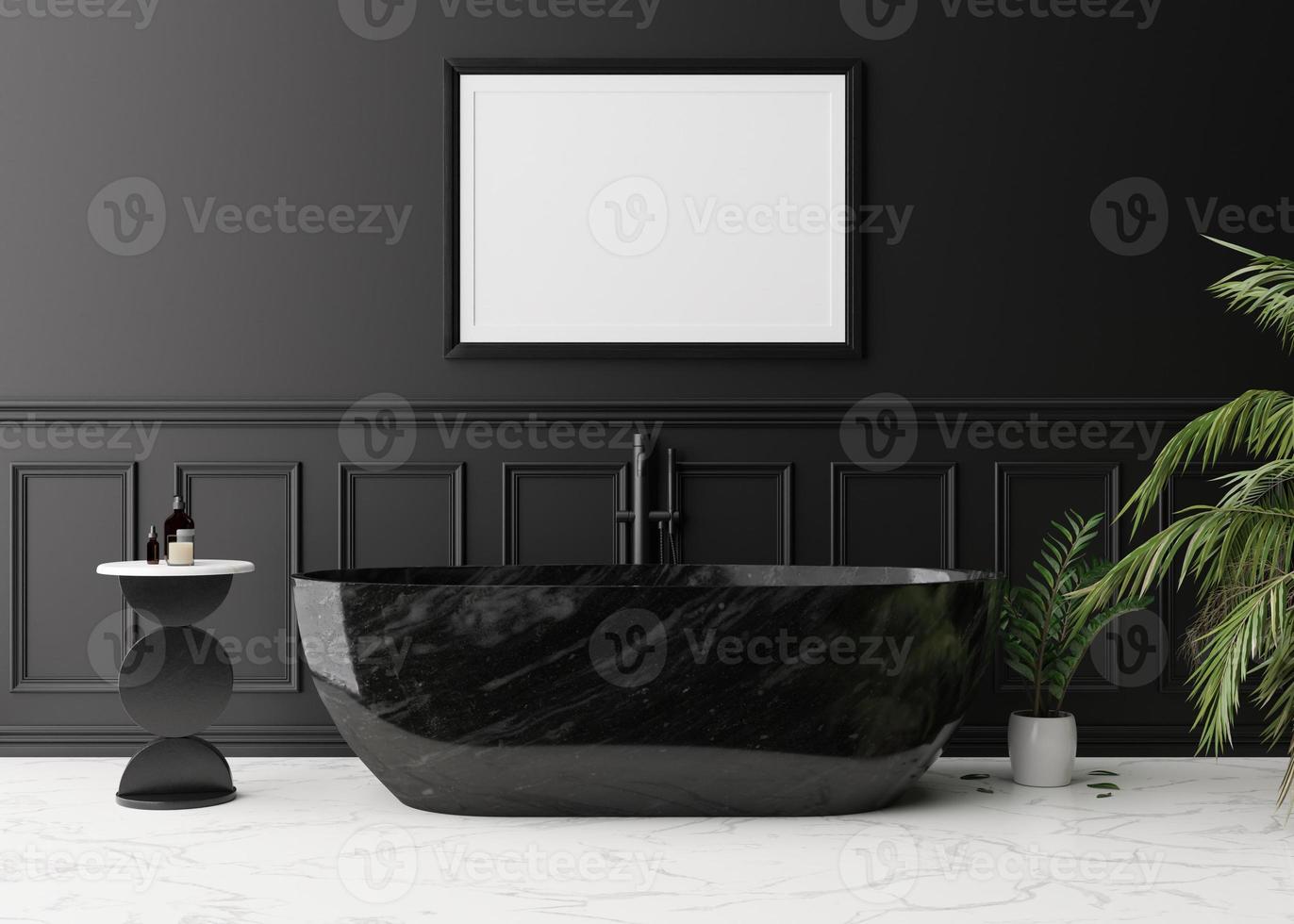 marco de imagen horizontal vacío en la pared negra en un baño moderno y lujoso. interior simulado en estilo clásico. espacio libre, copie el espacio para su imagen, póster. baño, mesa, palma. representación 3d foto