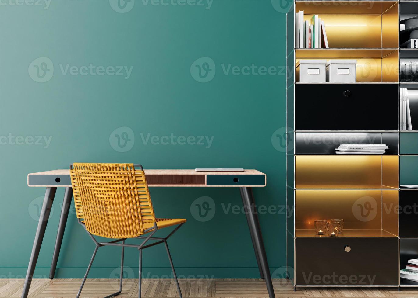 Empty blue wall in modern home office. Mock up interior in contemporary style. Free space, copy space for your picture, text, or another design. Wooden desk, yellow chair, shelfs. 3D rendering. photo