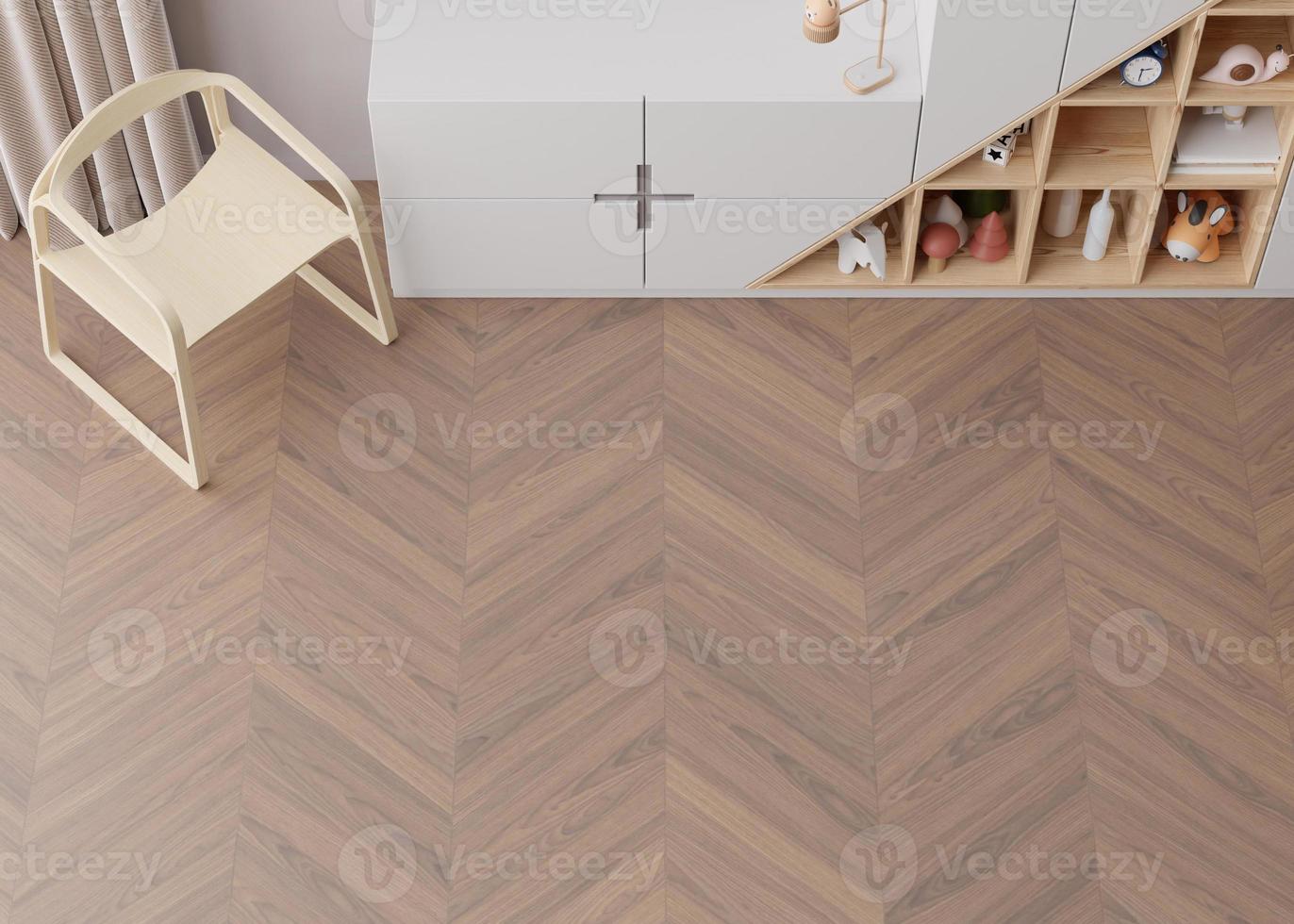 Room mock up for carpet. Children's room interior in scandinavian, contemporary style. Top view