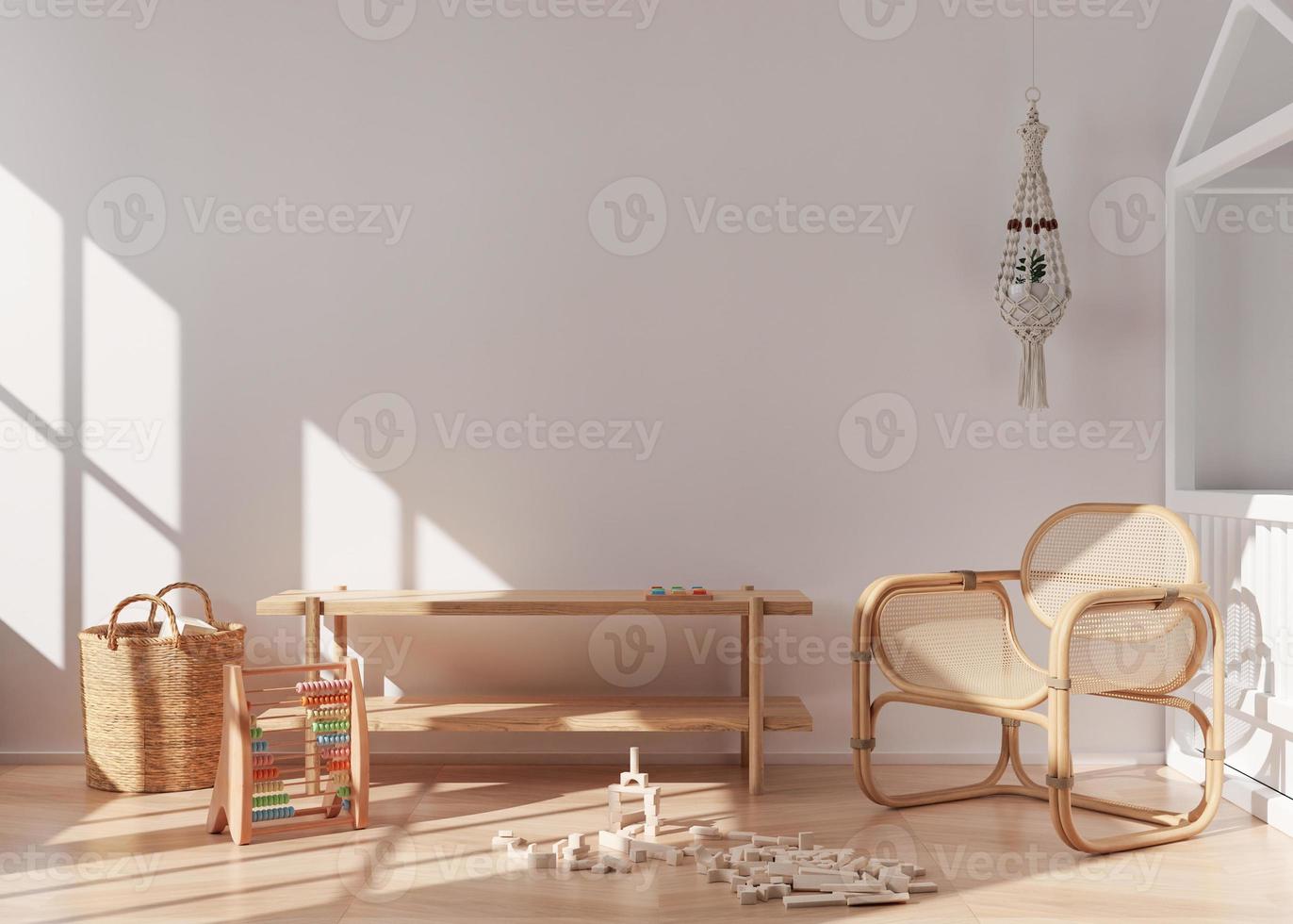 Empty white wall in modern child room. Mock up interior in scandinavian, boho style. Copy space for your picture or poster. Console, rattan armchair, toys, macrame. Cozy room for kids. 3D rendering. photo