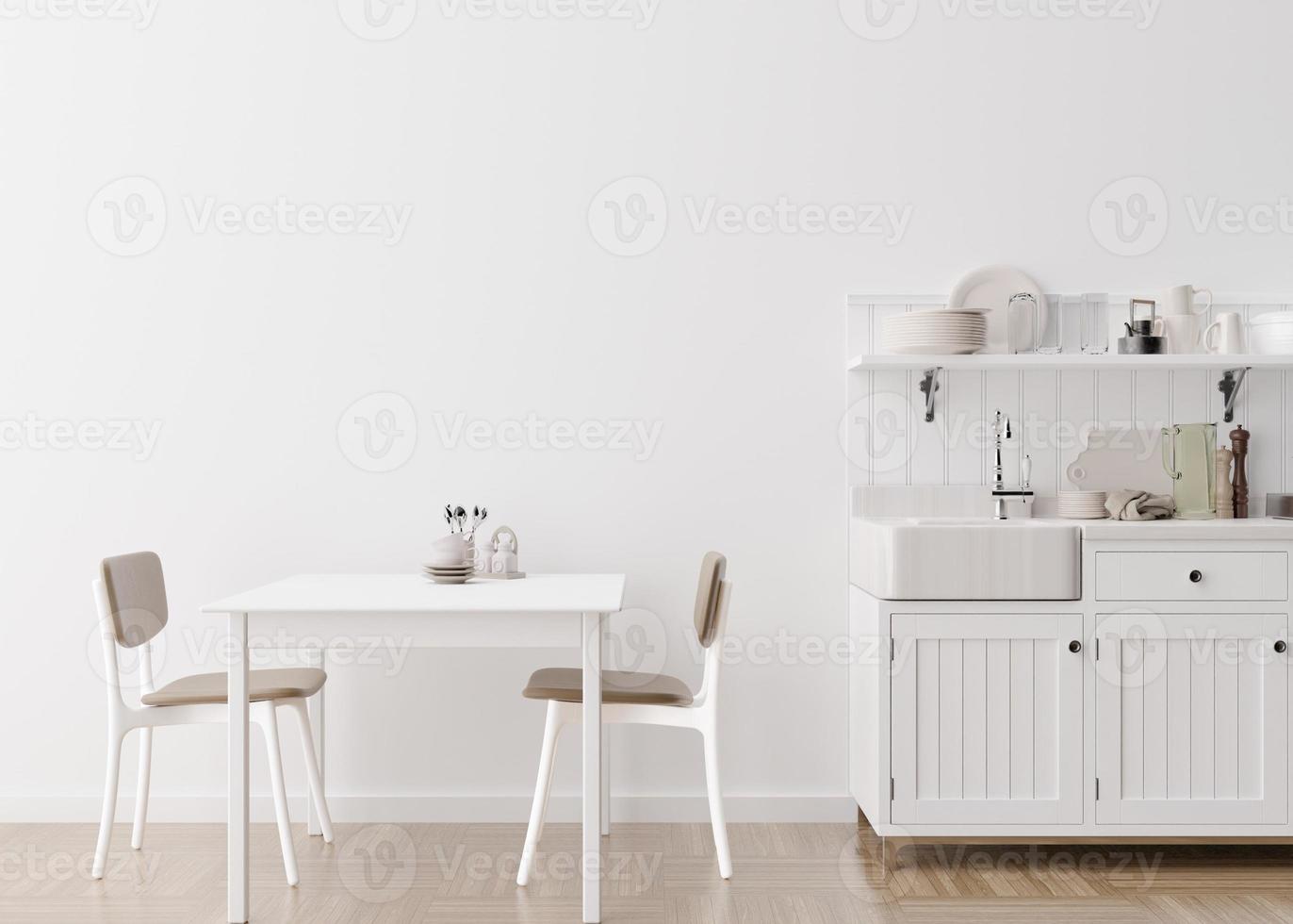 Empty white wall in modern kitchen. Mock up interior in minimalist, contemporary style. Free space, copy space for your picture, text, or another design. Table, chairs. 3D rendering. photo