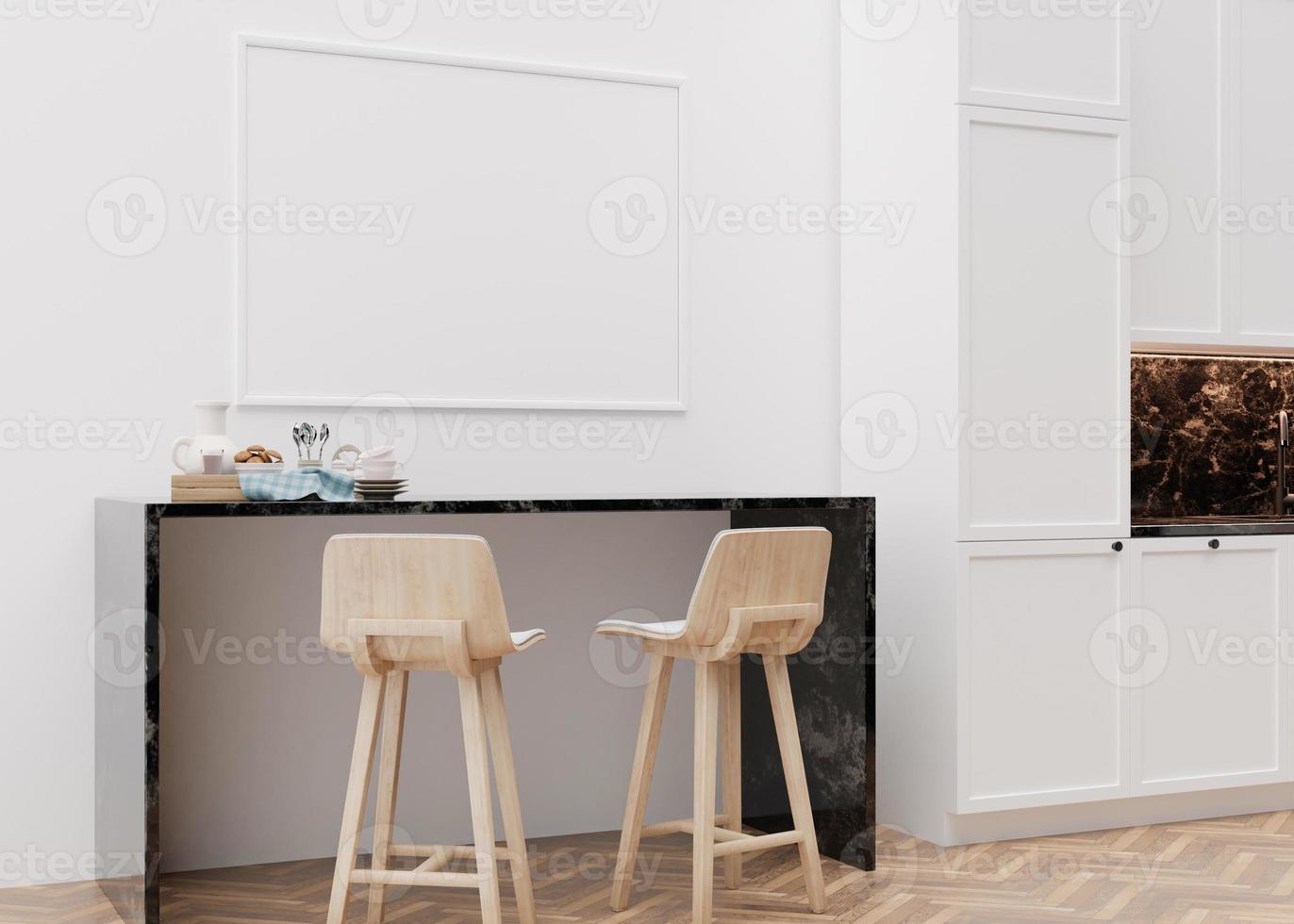 marco de imagen horizontal vacío en la pared blanca en la cocina moderna. interior simulado en estilo minimalista y contemporáneo. espacio libre, copie el espacio para su imagen, póster. mesa, sillas. representación 3d foto