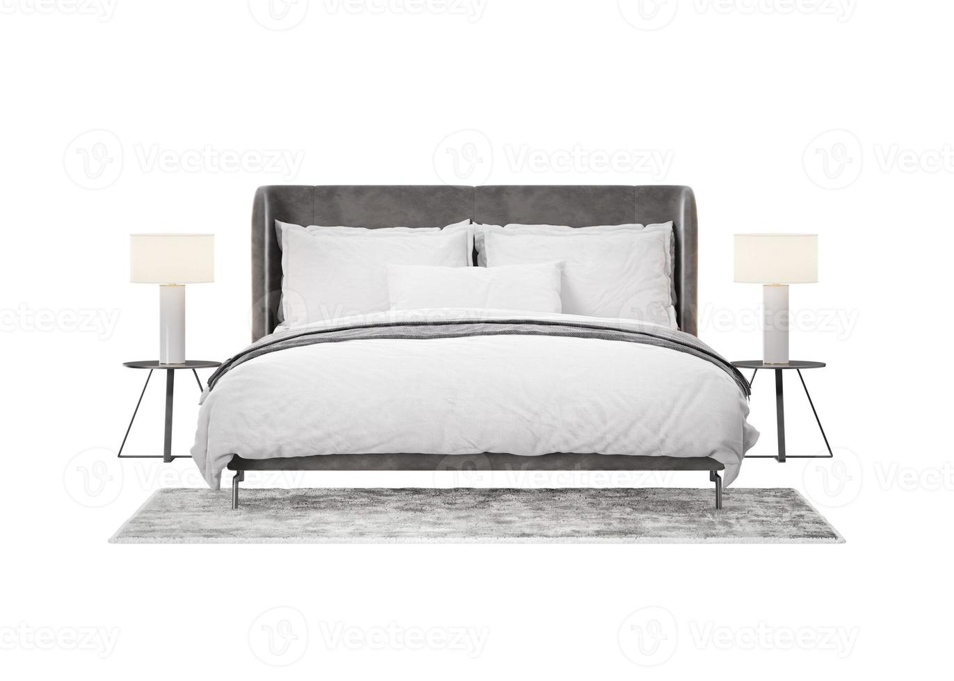 Double bed with carpet and lamps on white background, isolated. Front view. Gray and white bedding. Modern interior design element. Bedroom furniture. Cut out. 3D rendering. photo