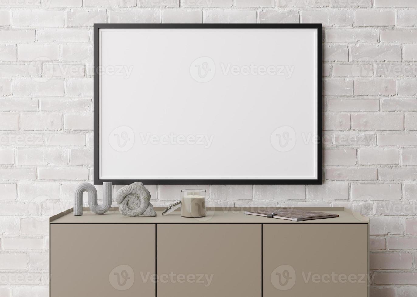 Empty horizontal picture frame on white brick wall in modern living room. Mock up interior in minimalist, contemporary style. Free space for your picture, poster. Console, sculptures. 3D rendering. photo