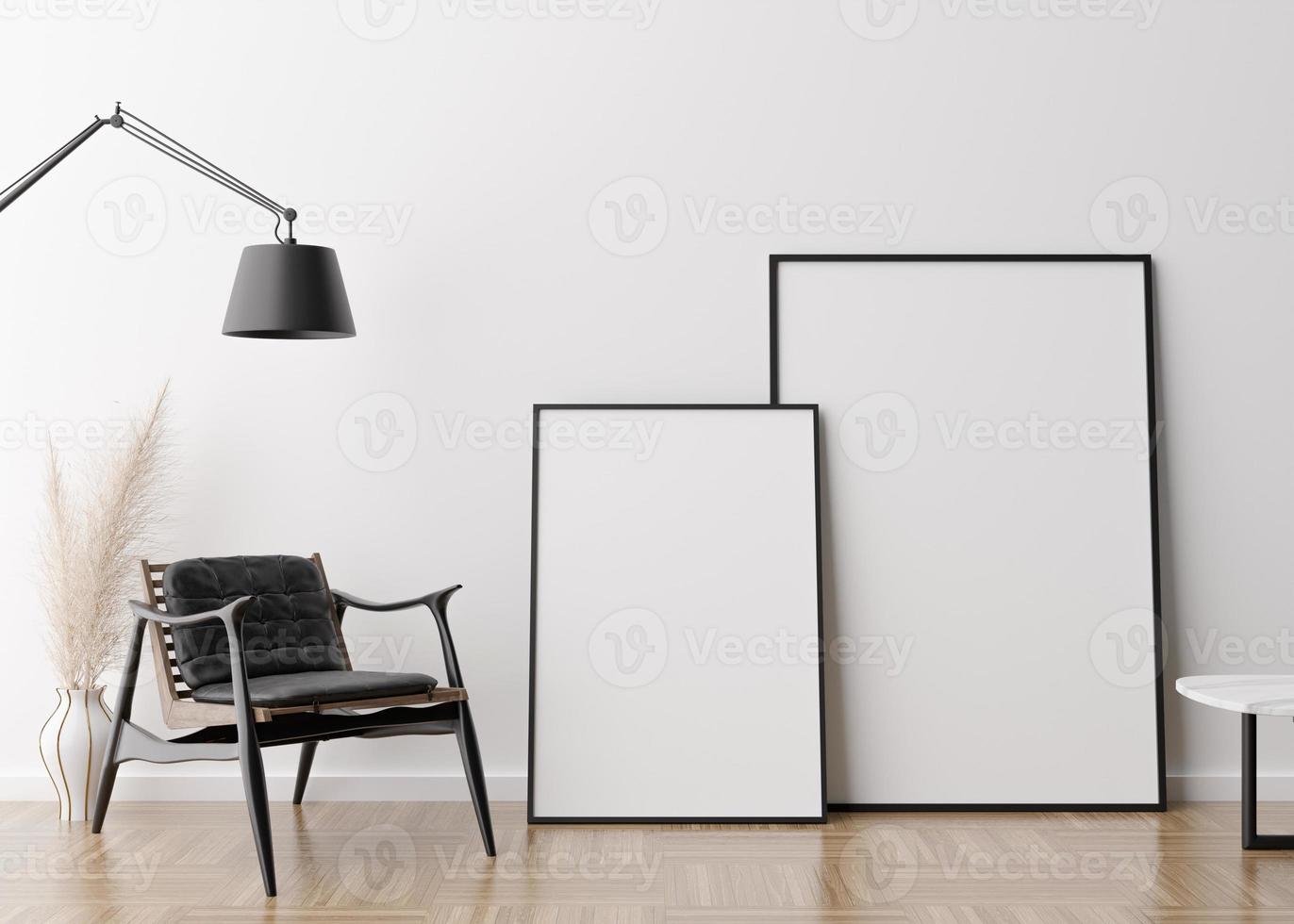 Two empty vertical picture frames in modern living room. Mock up interior in contemporary style. Free space for picture, poster. Armchair, lamp, vase with pampas grass. 3D rendering. photo