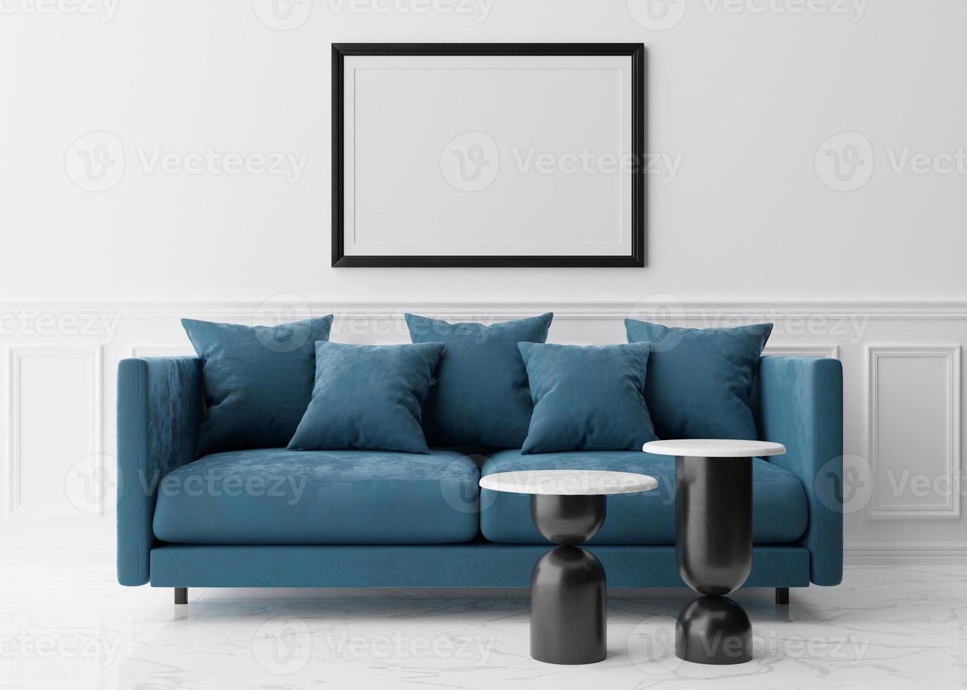 Empty black picture frame on white wall in modern living room. Mock up interior in classic style. Free space, copy space for your picture. Blue sofa. 3D rendering. photo