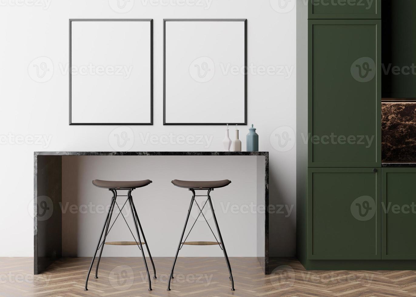 Two empty vertical picture frames on white wall in modern kitchen. Mock up interior in minimalist, contemporary style. Free space, copy space for your picture, poster. Table, chairs. 3D rendering. photo