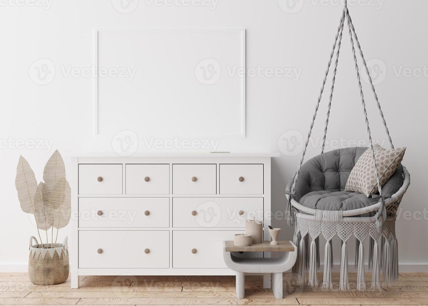 Empty picture frame on white wall in modern living room. Mock up interior in scandinavian, boho style. Free, copy space for your picture. Console, rattan basket, hanging armchair. 3D rendering. photo
