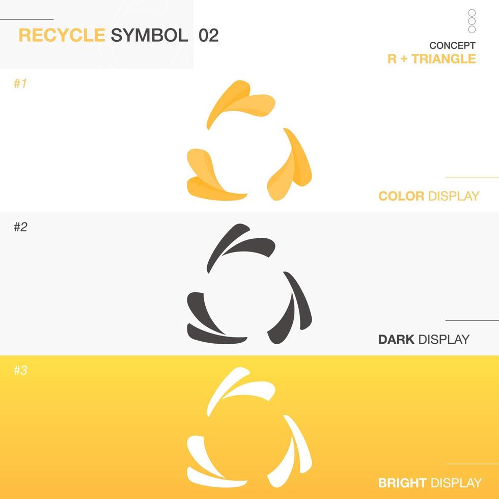 Recycle logo with R letter loop. Triangle shape symbol with arrows. Design for products package in color, dark and bright style. Vector illustration