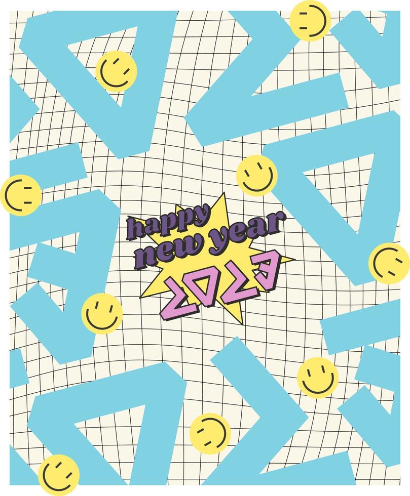 Happy New Year with smiley face design. 2023 trendy lettering design. Holiday Vector Illustration.