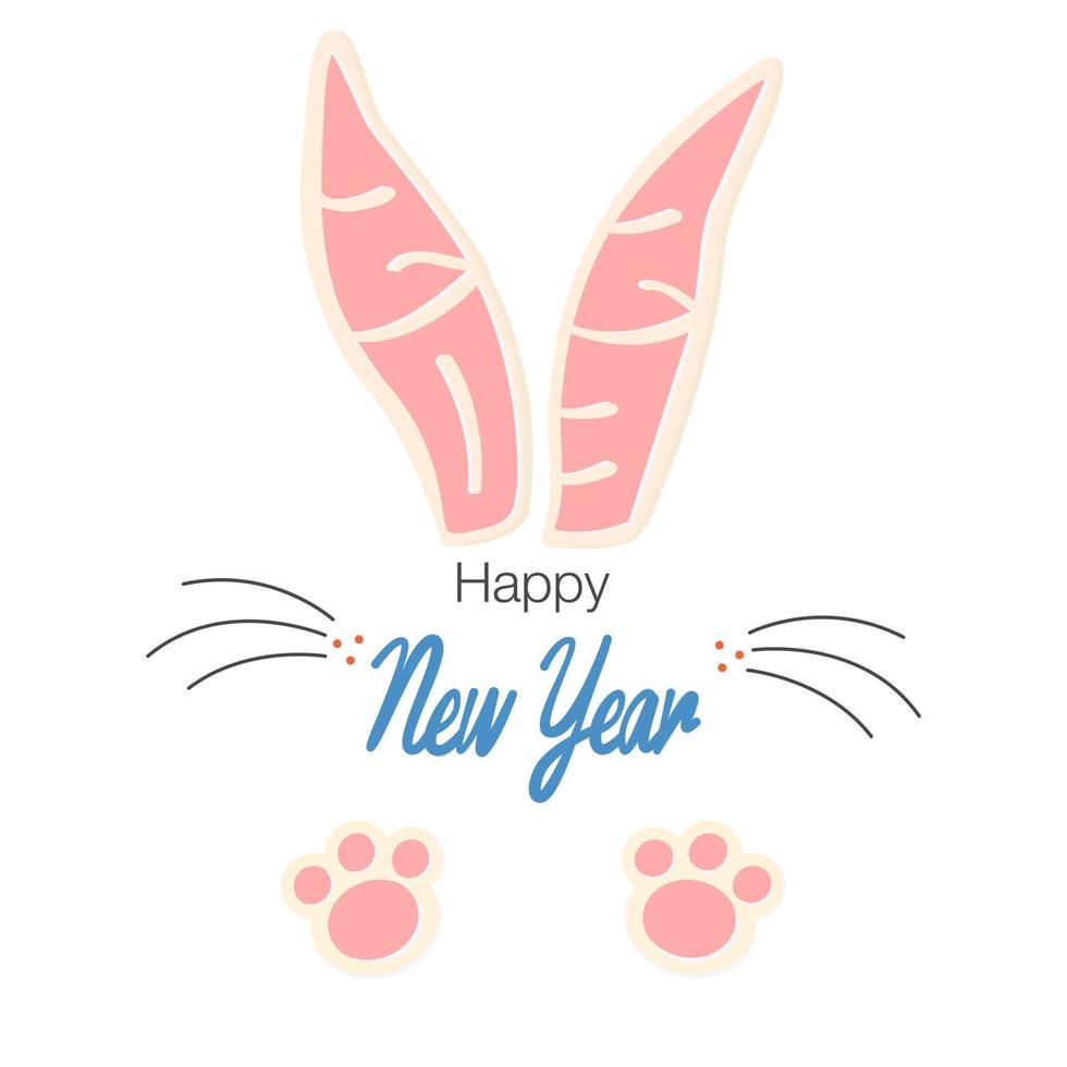 conjunto de diseño de moda de año nuevo con tipografía. 2023 feliz año nuevo con cara de vector de saludo de conejito. orejas y patas de conejo. conejo de Pascua