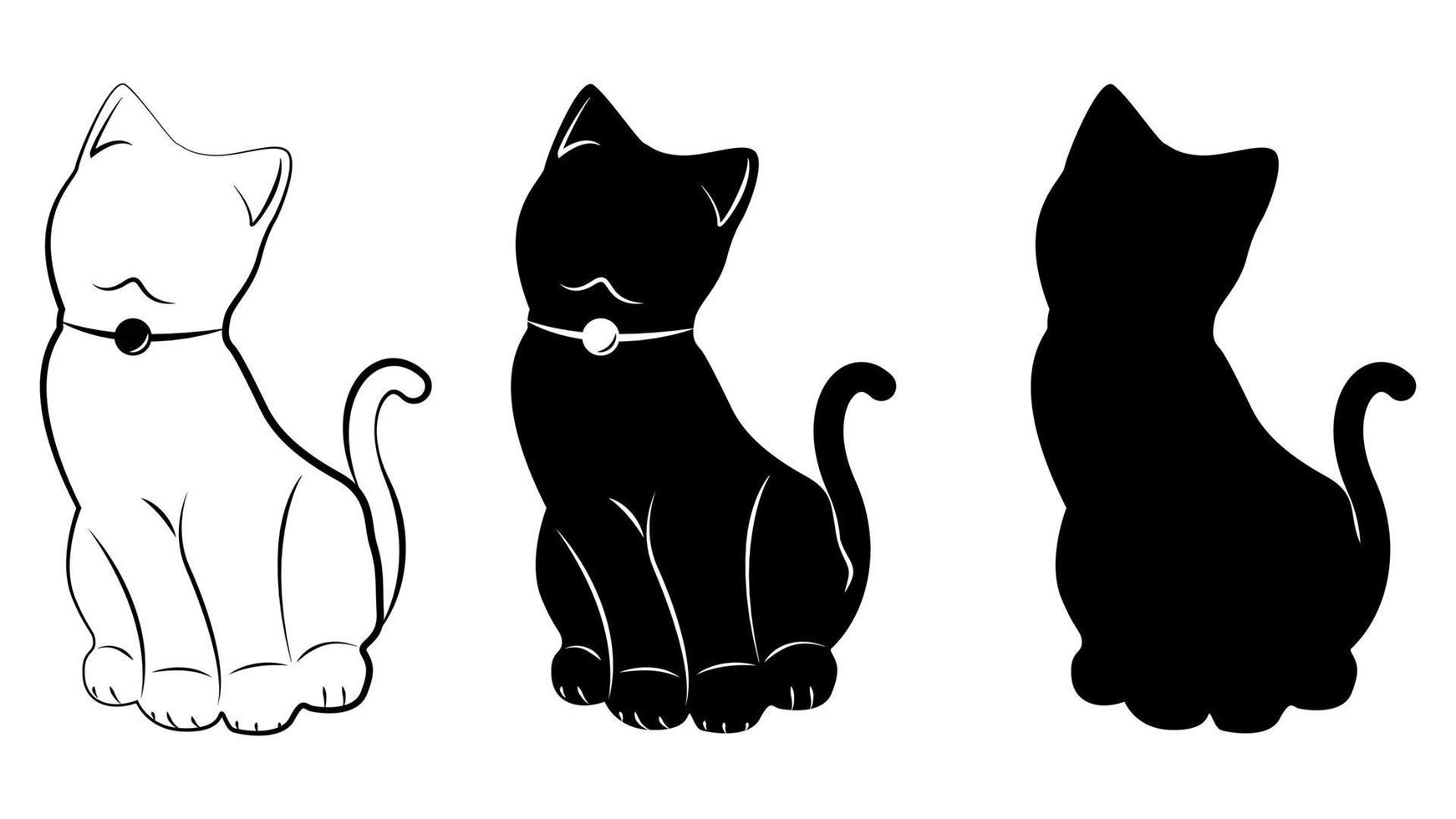 Cute sitting cats concept design. Black and white outline and silhouette of cat. Vector illustration.