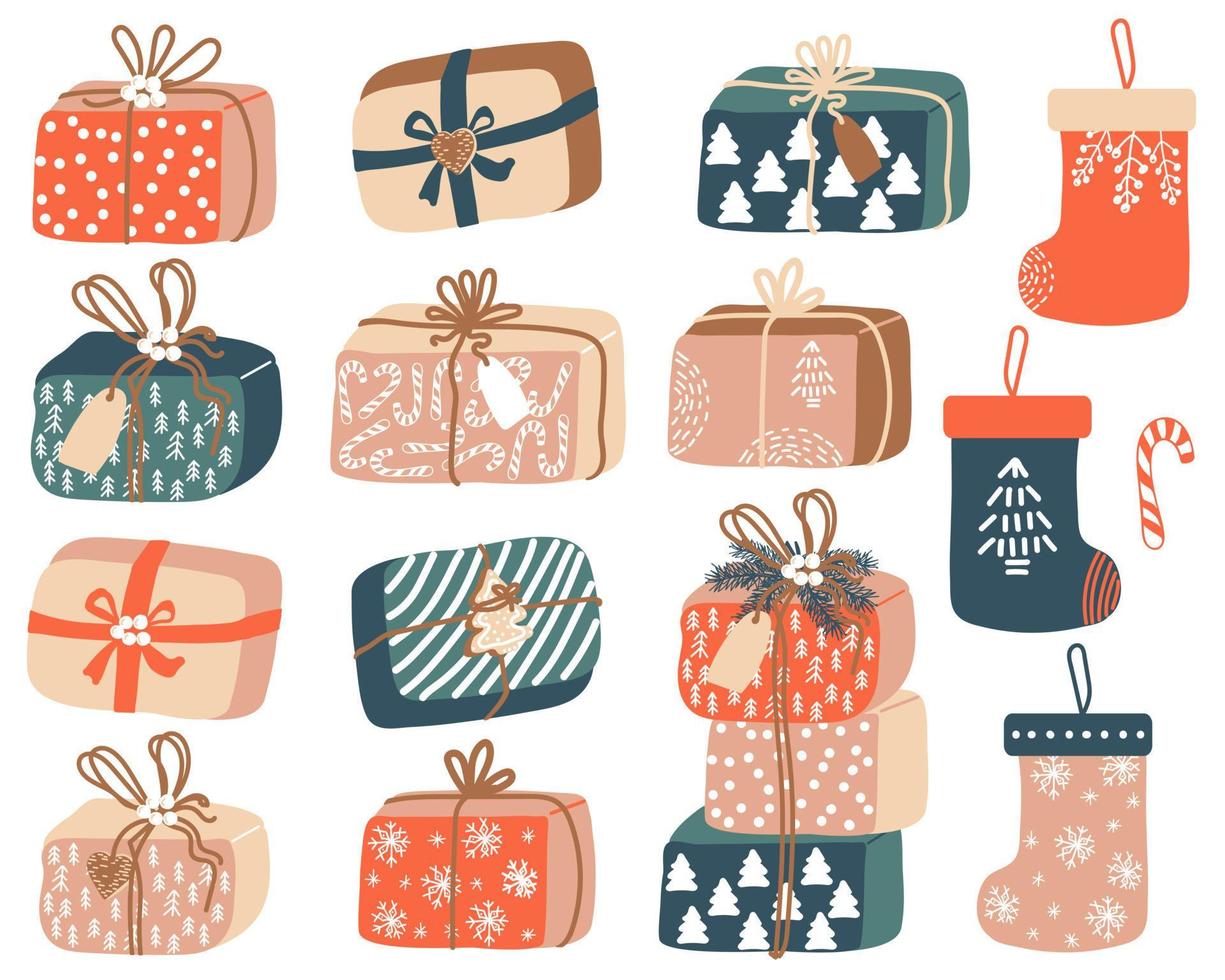 Set of presents. Christmas stockings. Gift boxes  with ribbon, beads, branches of spruce and tag.   Ideal for Happy New Year cards, flyers, posters. Vector