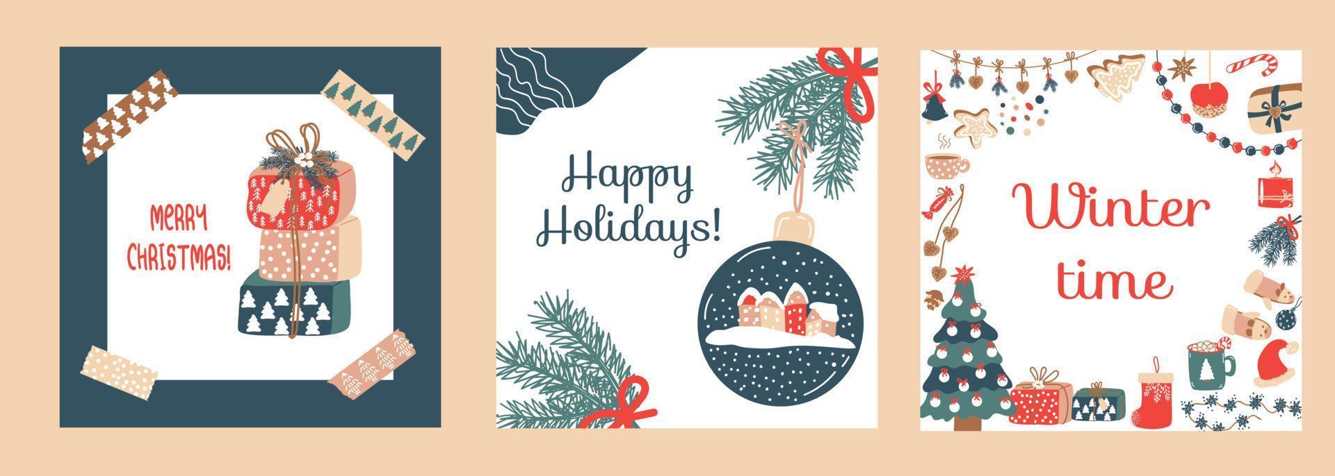 Winter time. Set of Christmas Cards. Gift boxes, spruce, garland, gingerbread,  candy, toys.  Ideal for poster,  for Happy New year. Vector illustration