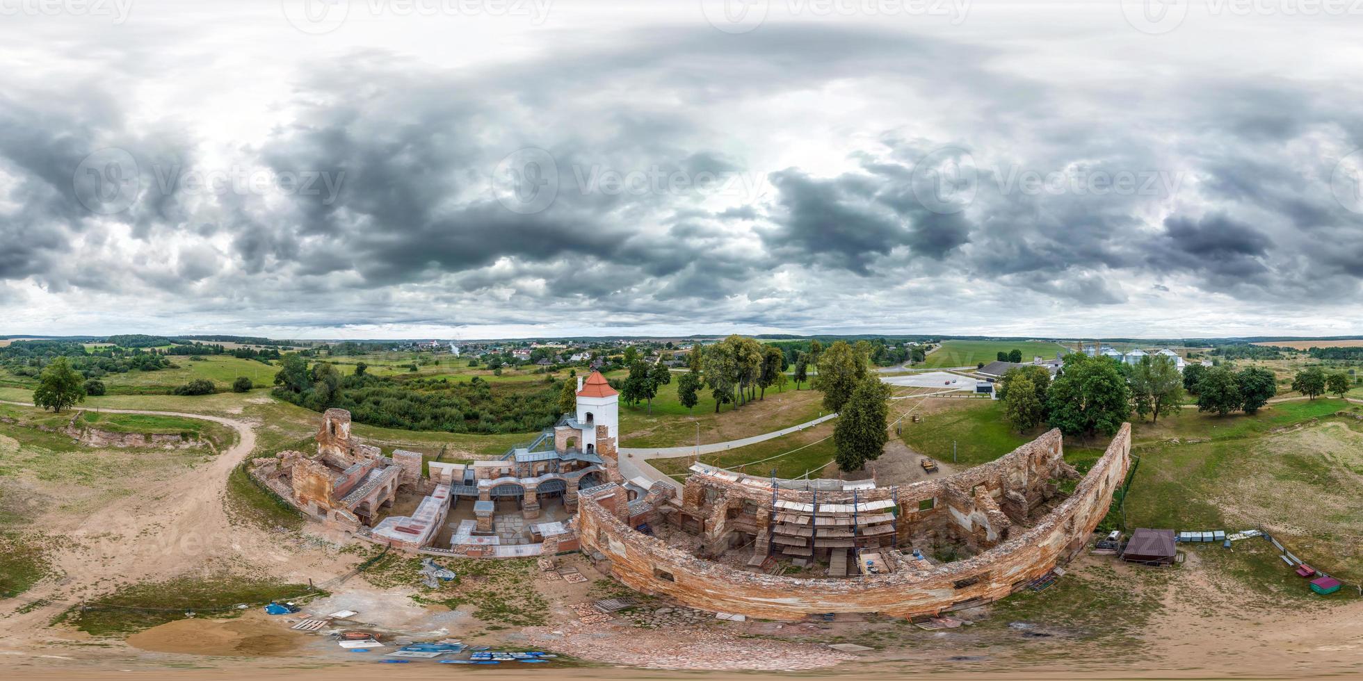 aerial view full hdri seamless spherical 360 panorama over old abandoned medieval castle in equirectangular projection ready for virtual reality VR AR photo