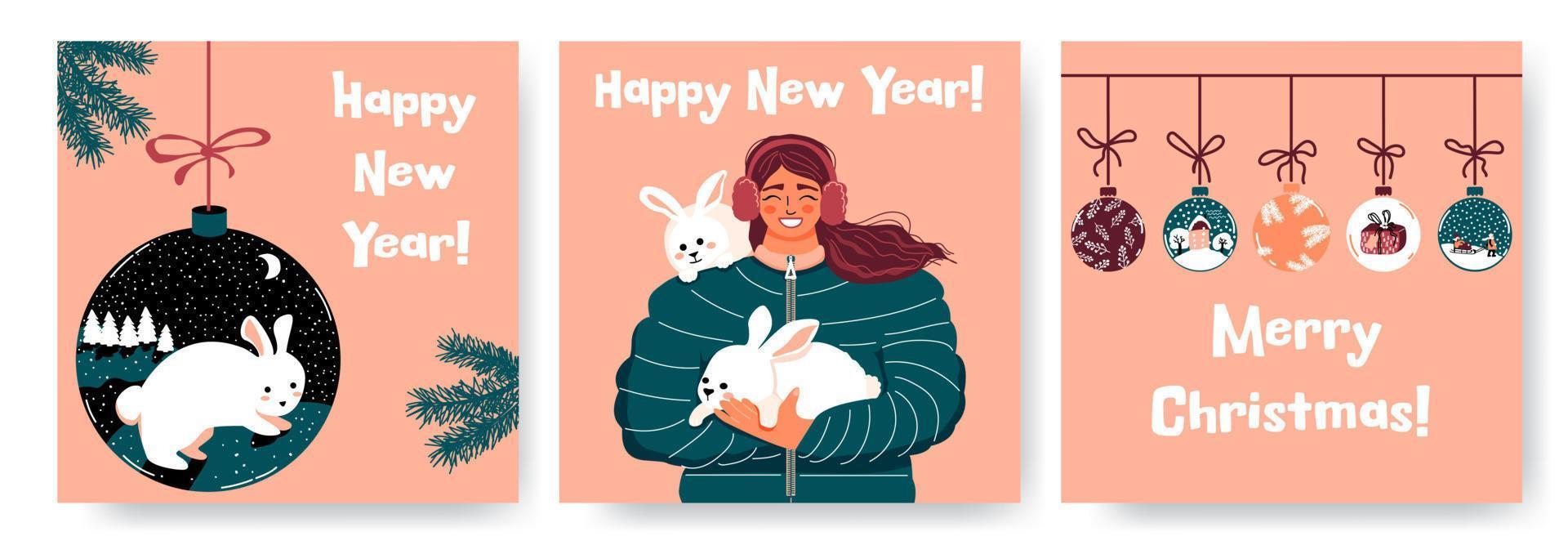 Happy New Year. Hare, bunny -Symbol of the chinese New Year 2023. Woman holding a rabbits.  Christmas balls with rabbit, snowfall. Vector greeting cards.