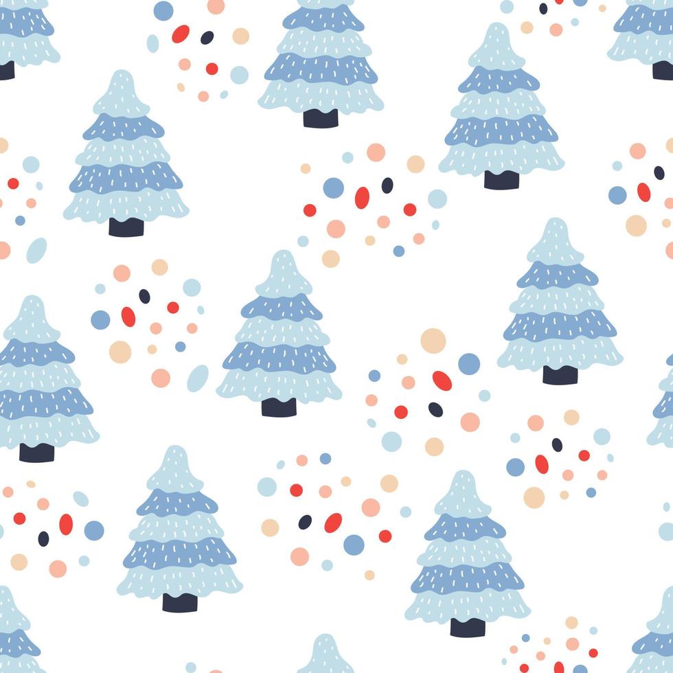 Christmas pattern. Vector background with blue spruce and confetti. Ideal for design of fabric, cards, wrapping paper for Happy New year