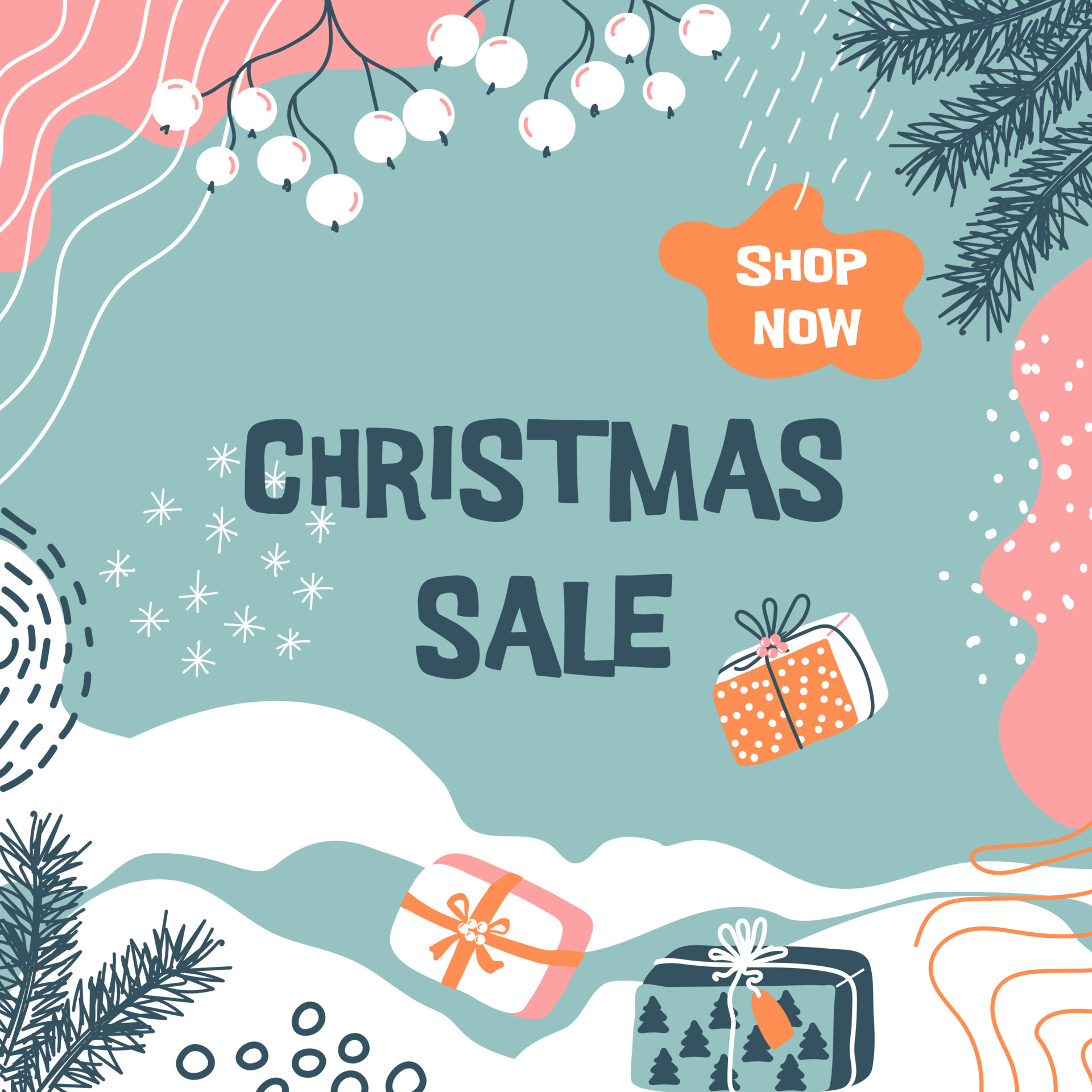 Christmas SALE. Spruce branches, snow, gift boxes, berries, lines