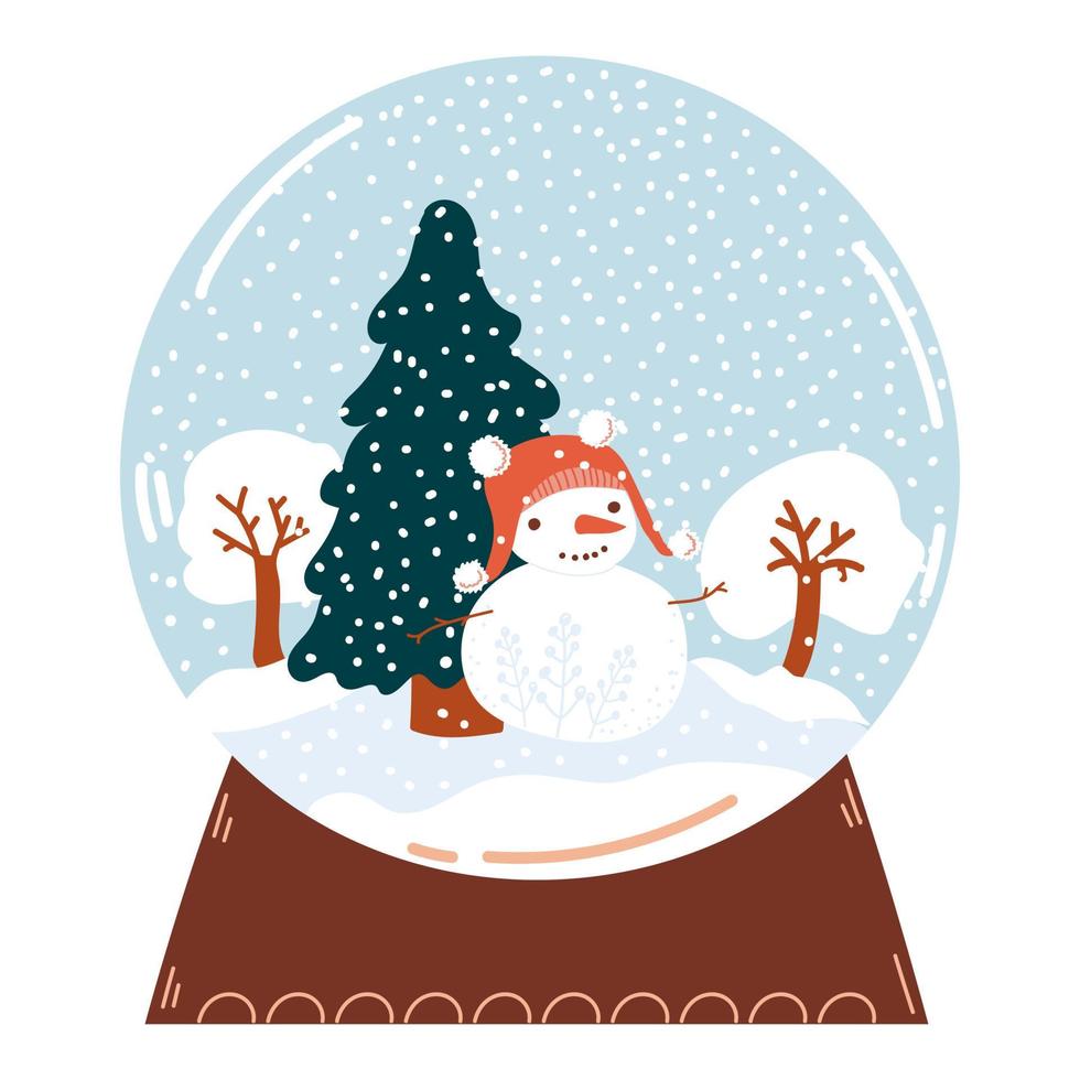Snow globe. Christmas  snow ball with winter landscape, spruce, tree,  snowman, snowfall. Vector illustration. Present for cozy Happy Holidays