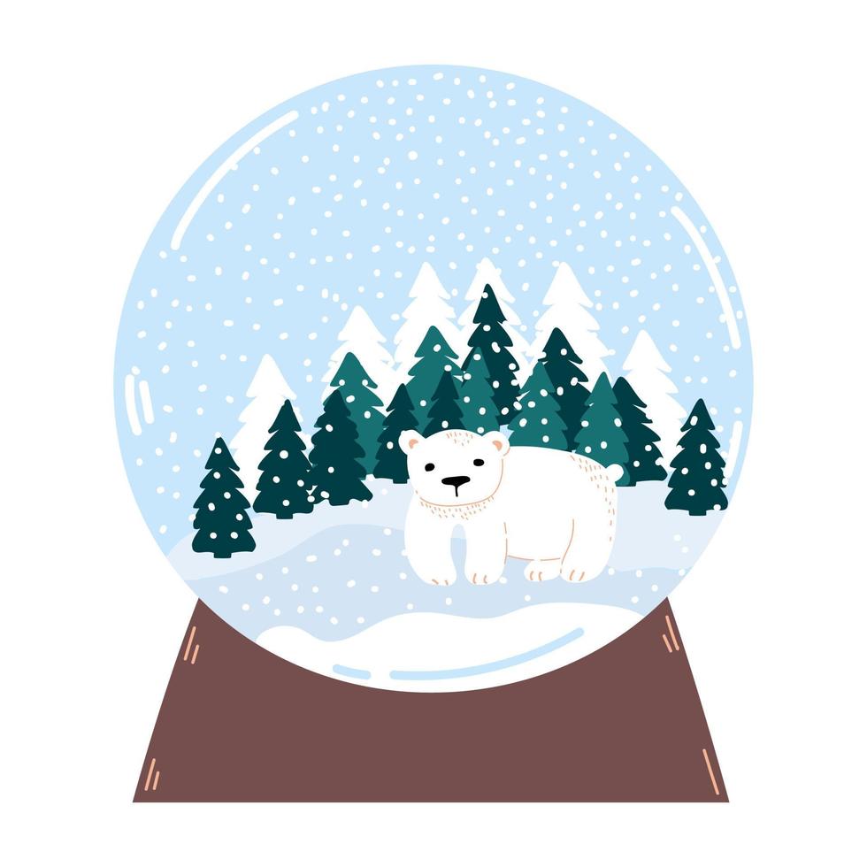 Snow globe. Christmas  souvenir with winter forest, spruce,  bear and snowfall. Vector illustration. Present for cozy Happy Holidays