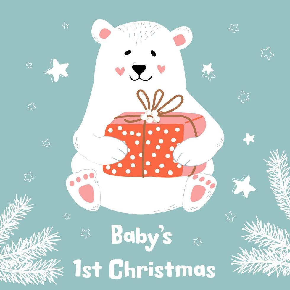 Card with text Baby first Christmas. Cute polar bear with a present. Vector Nursery postcard.  Childish print.