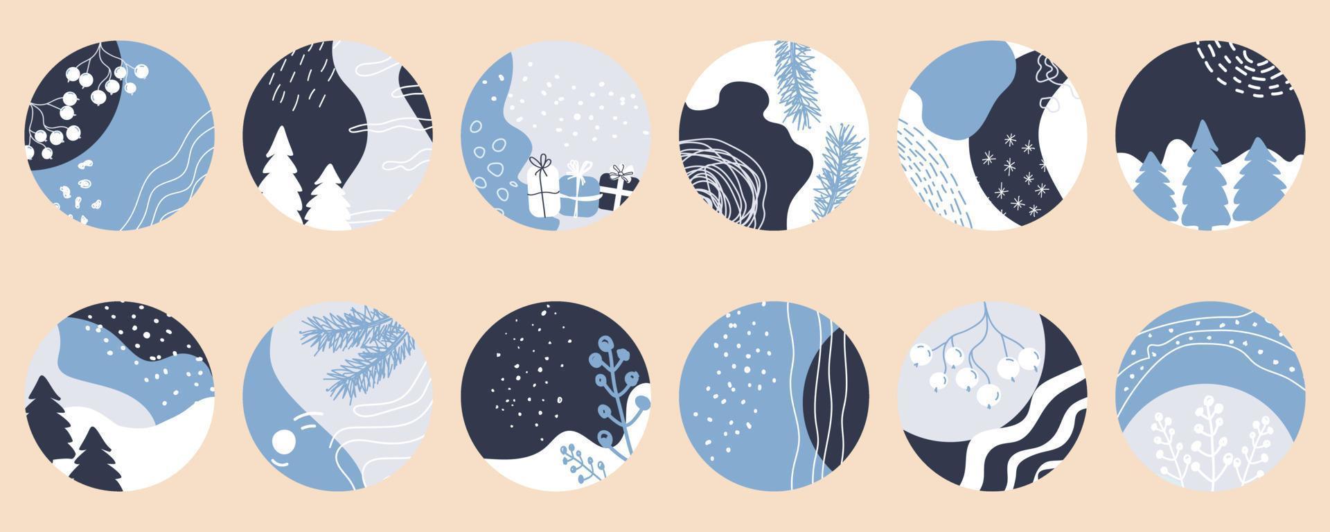 tema de invierno conjunto de 12 rondas vectoriales abstractas para instagram. paquete de plantillas para íconos de portadas de historias destacadas. nieve, ramas de abeto, bayas. vector