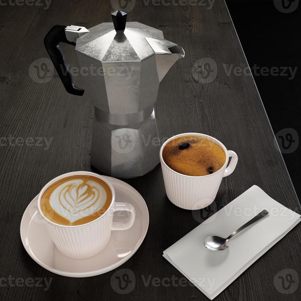 3D rendering moka pot and hot coffee in white ceramic cup on old photo