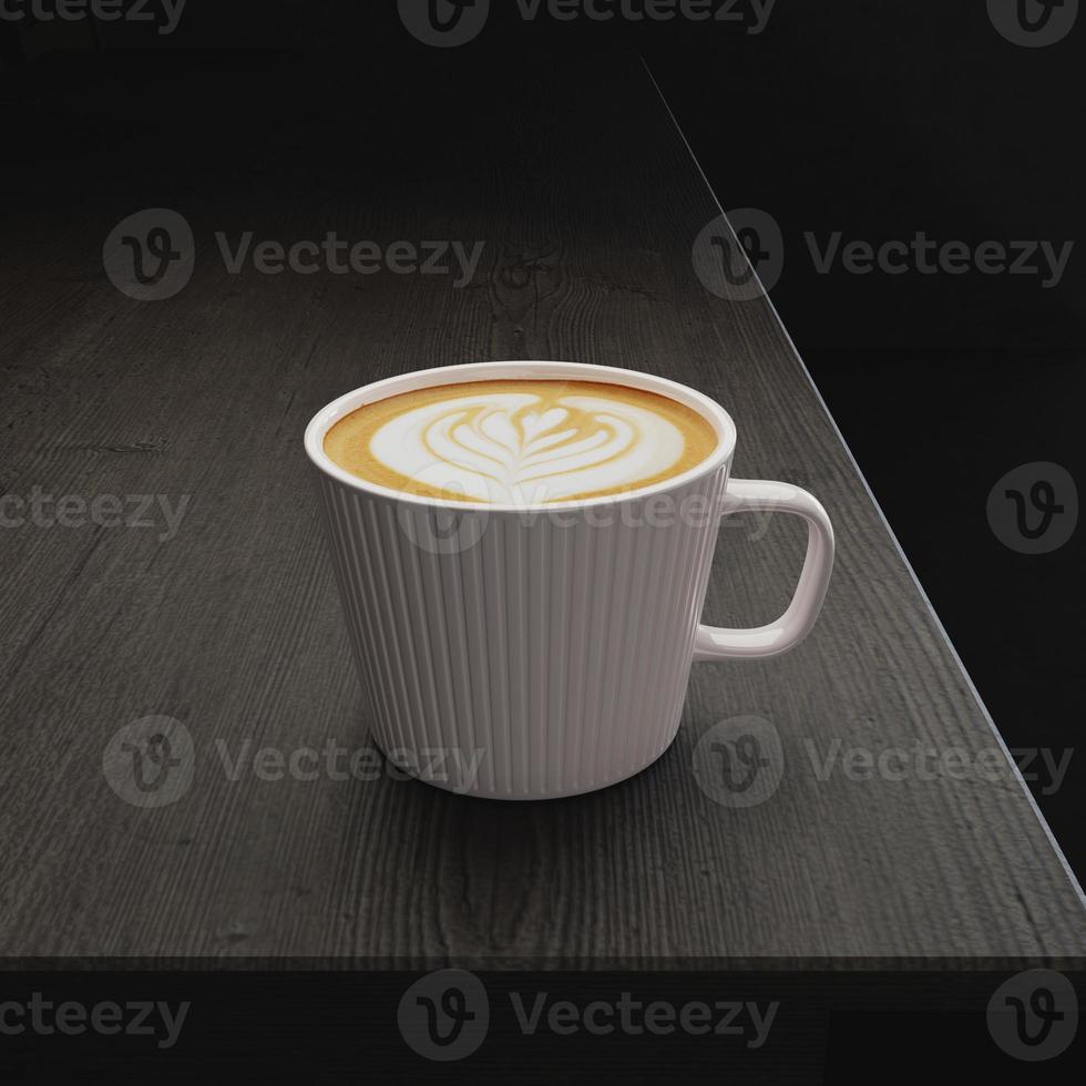 3D rendering hot coffee latte art closeup on dinning table photo