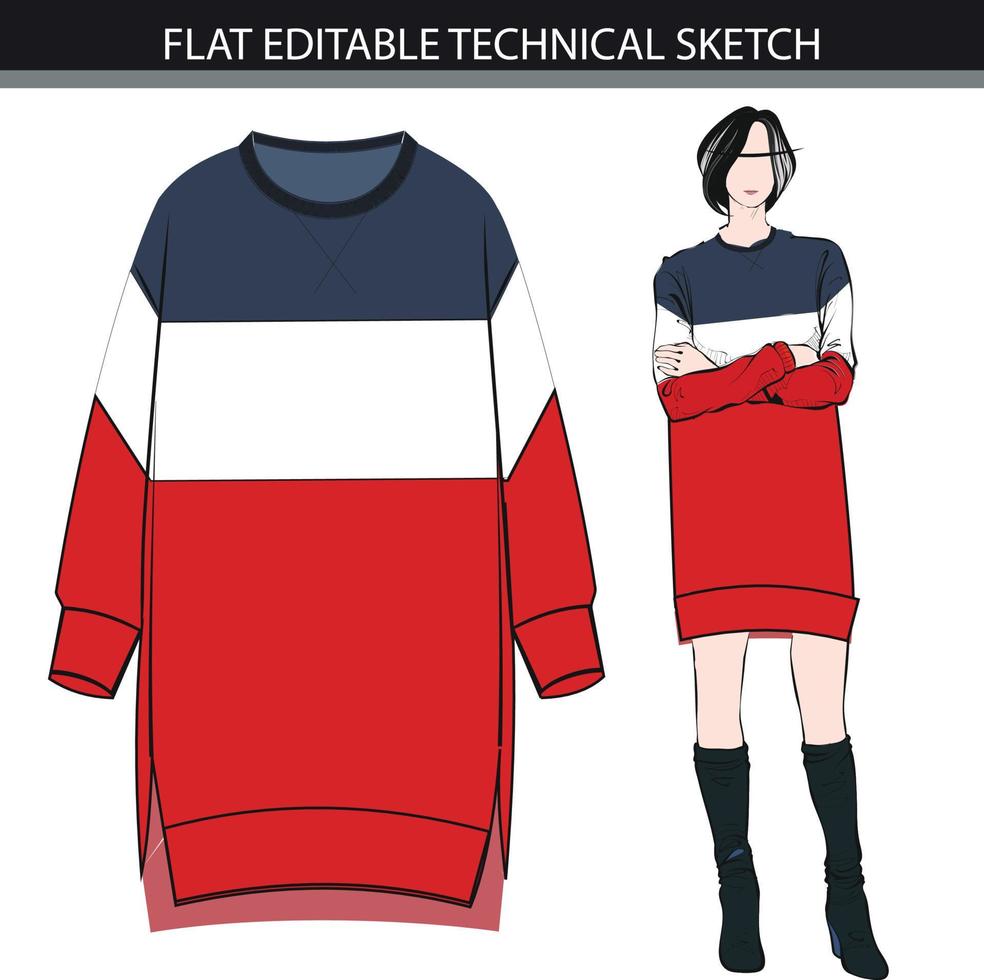 Sweatshirt dress flat sketch vector file on white background